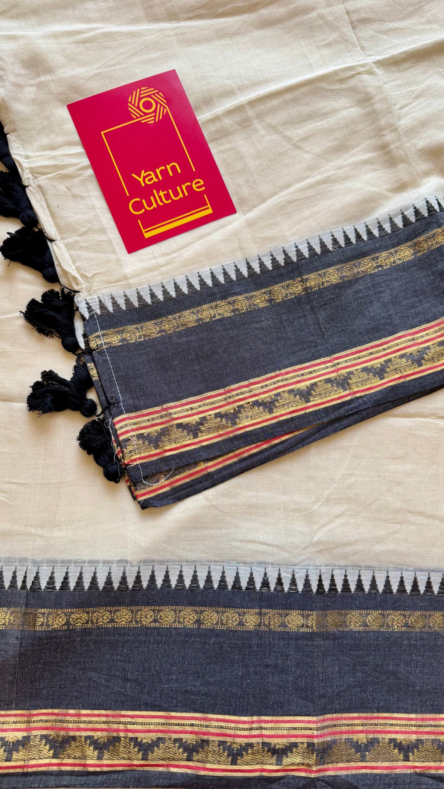 Ivory mul saree, black and gold border - YCIEON19