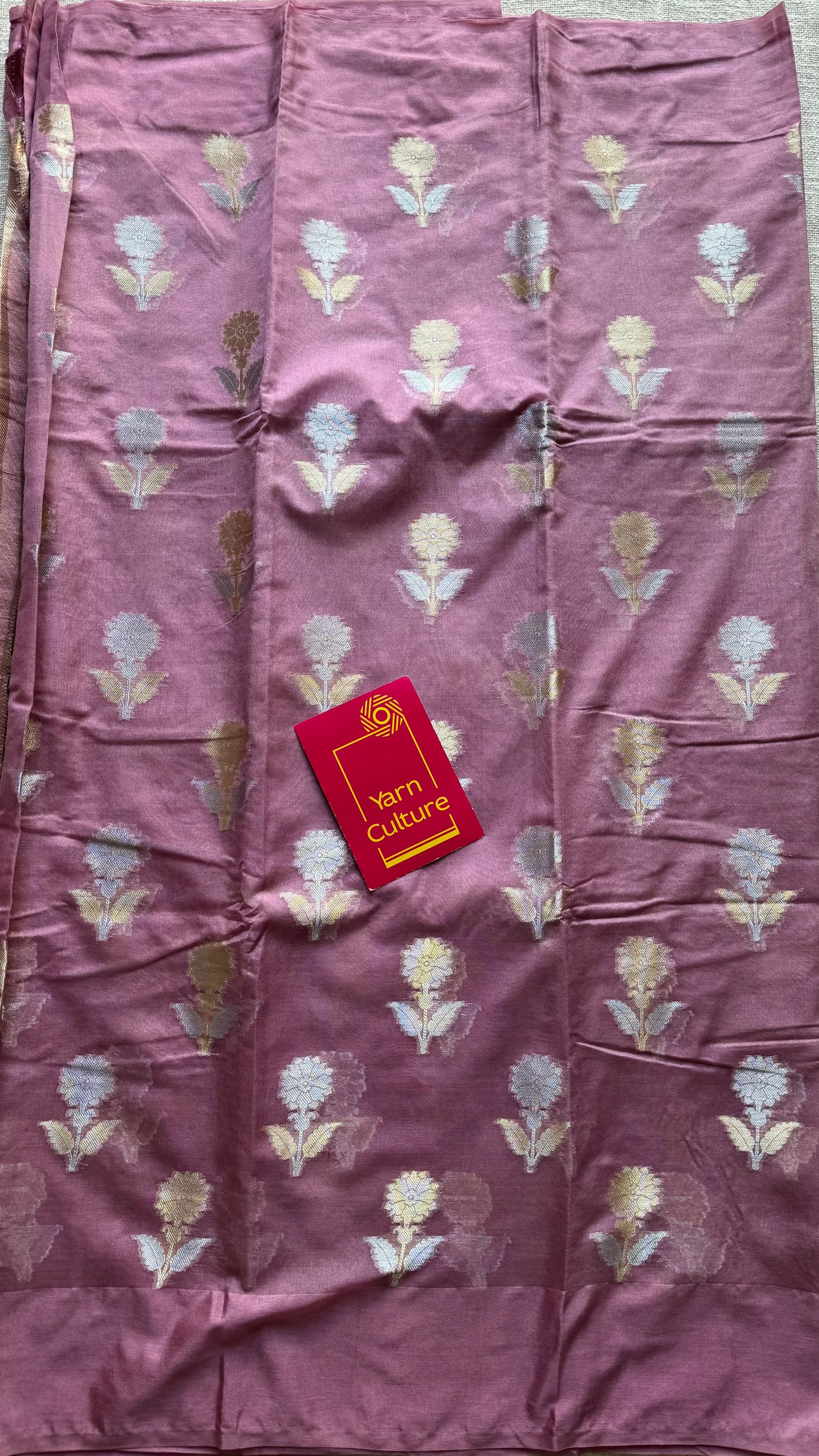 Dusty pink with gold and silver floral buttas, Banarasi semi-crepe silk - YCDESE46