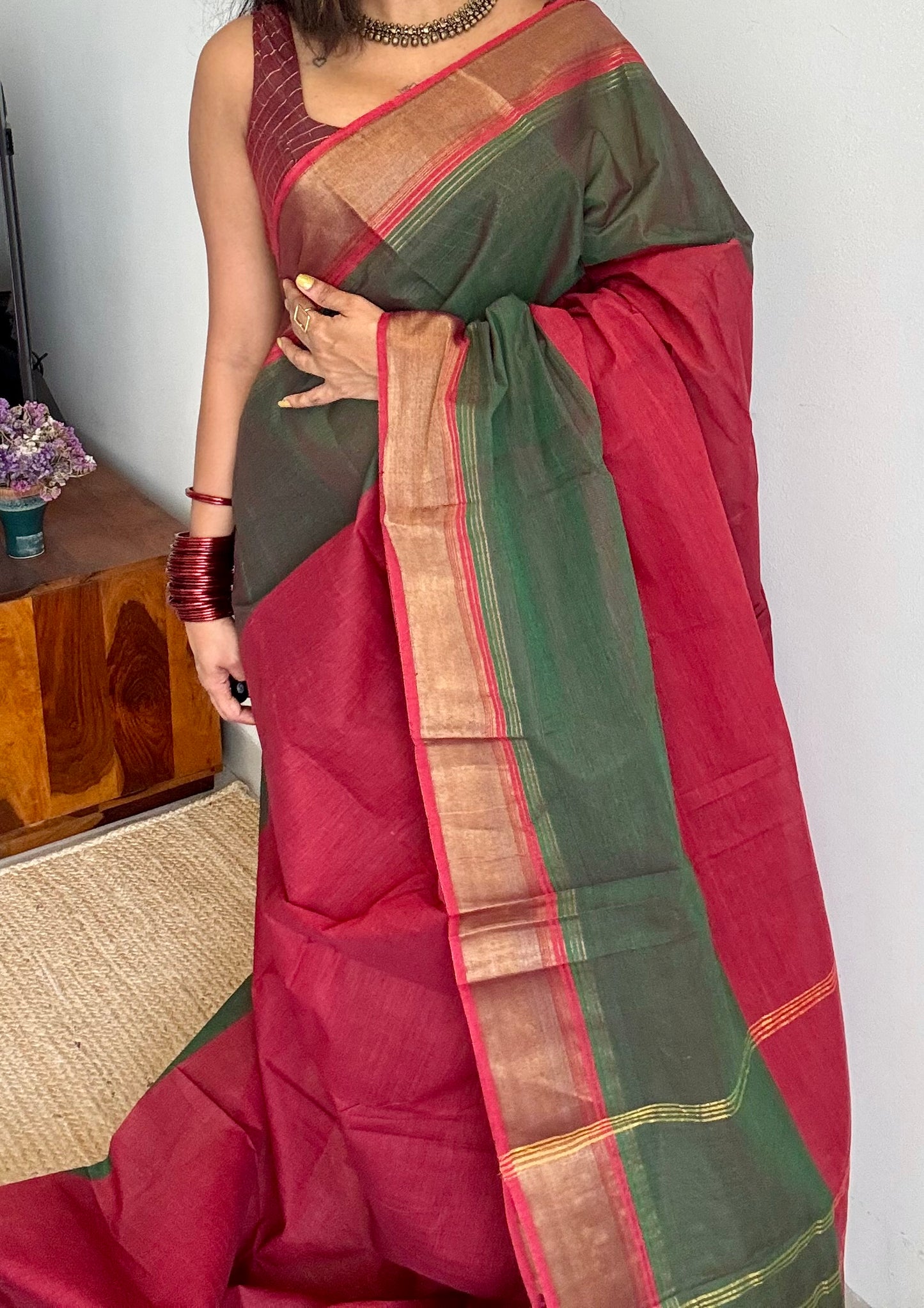 Maroon and green Chettinad cotton saree with antique gold zari border - YCCOTNCCFE152