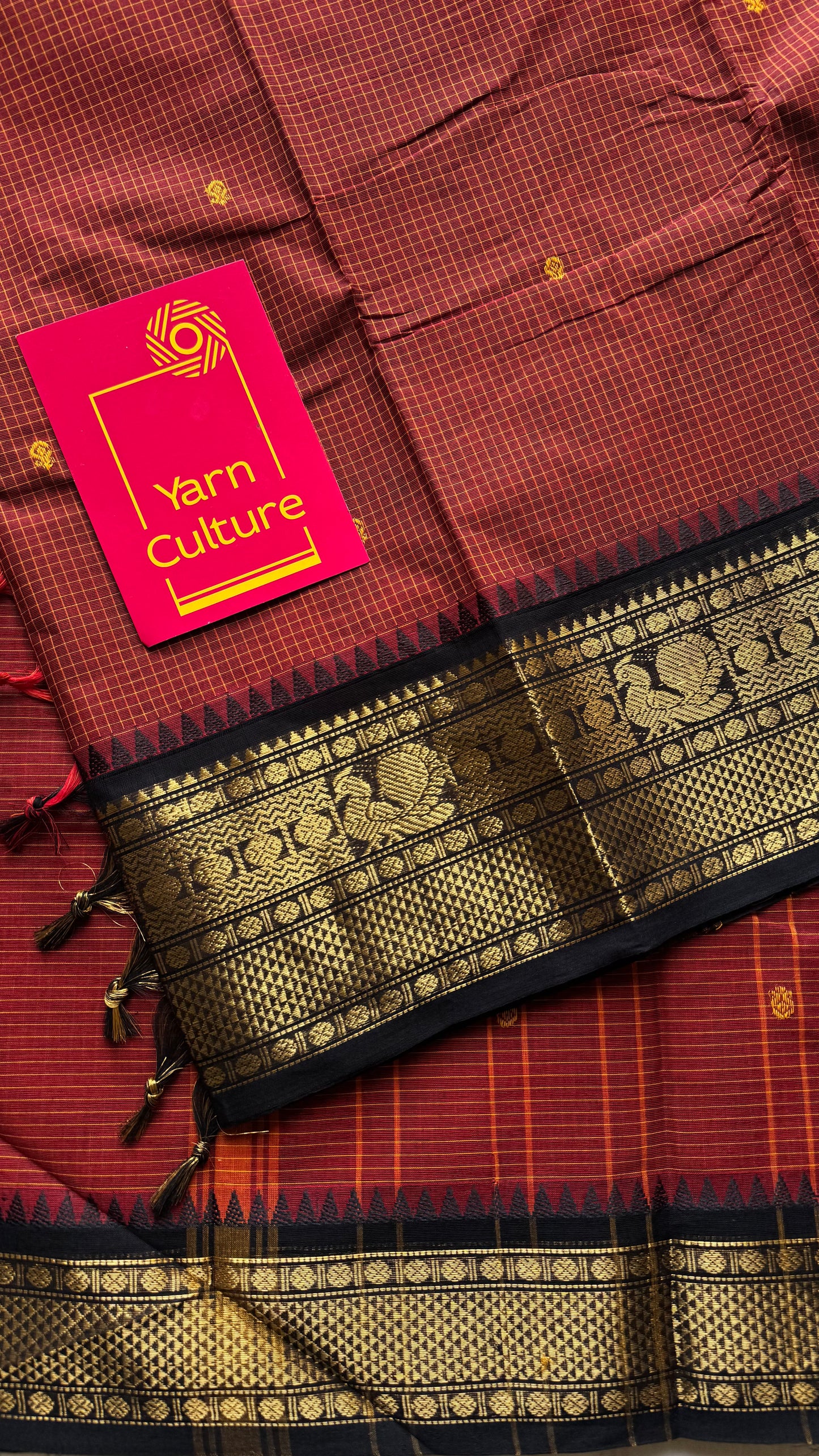 Brick red with black contrast, checkered kanchi cotton saree - YCCOTNJU20