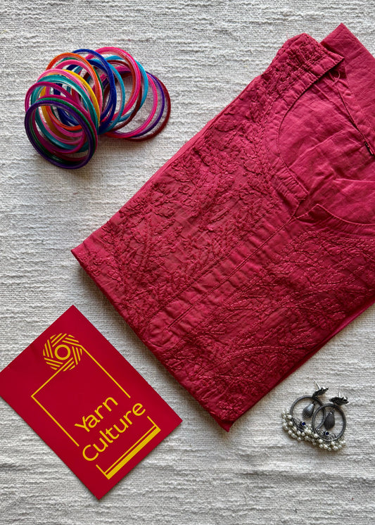 Carmine red muslin chanderi chikankari with bakhiya work, stitched kurta, round neck, three fourth sleeves - YCSECKJA155