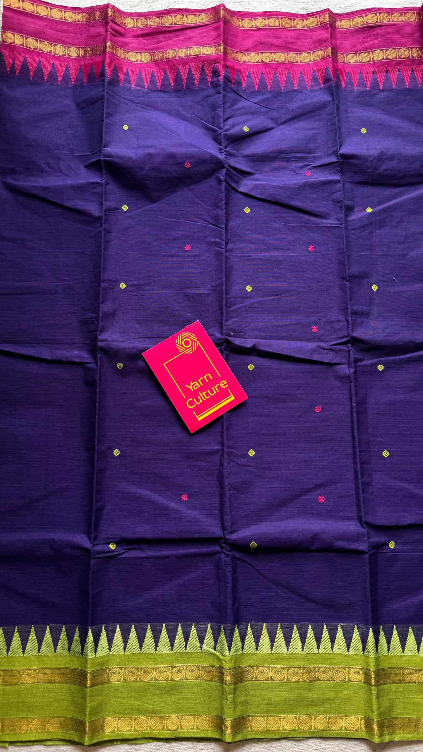 Kanchi cotton saree, royal blue with magenta and lime green dual border - YCCOTNAP97