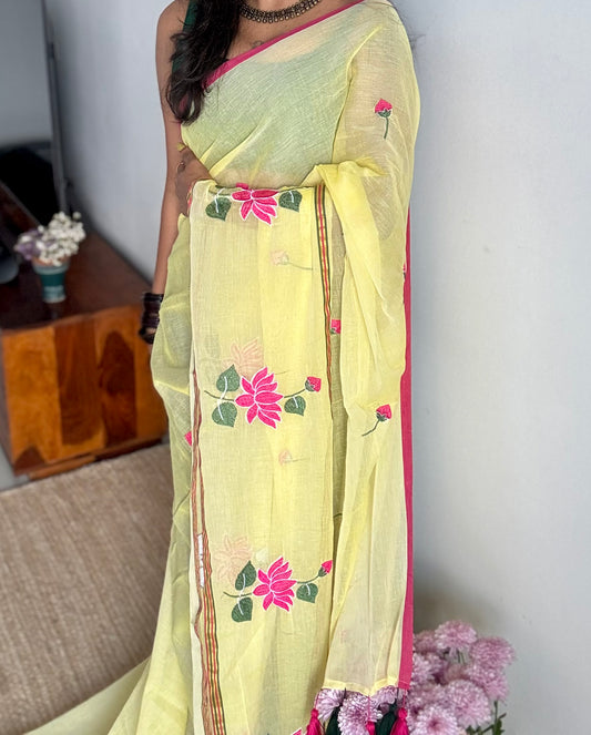 Pastel yellow mul with pink lotus embroidery and coloured zari - YCBCMCNO65
