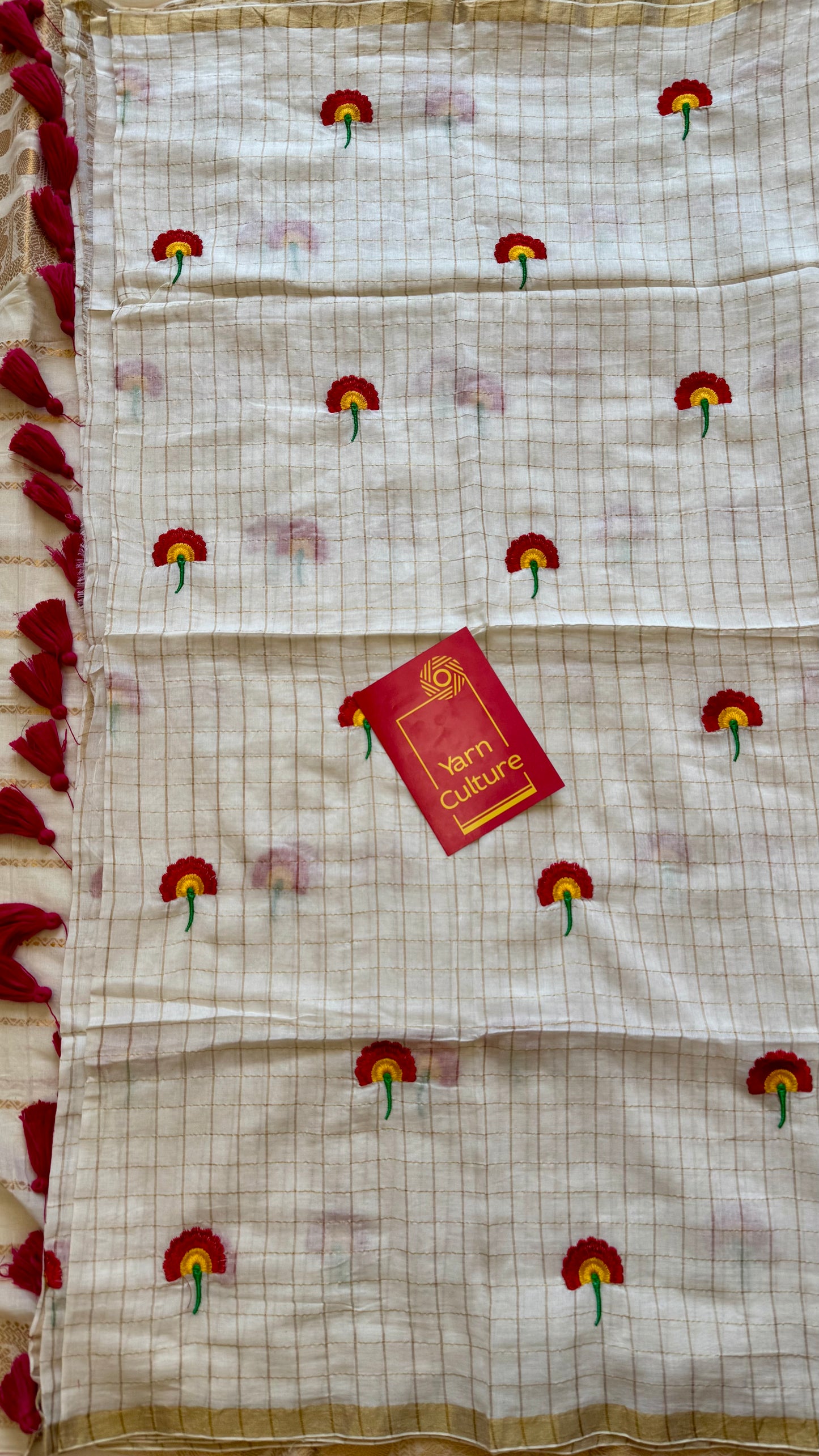 Ivory mul saree, checkered with floral embroidery - YCIEON28