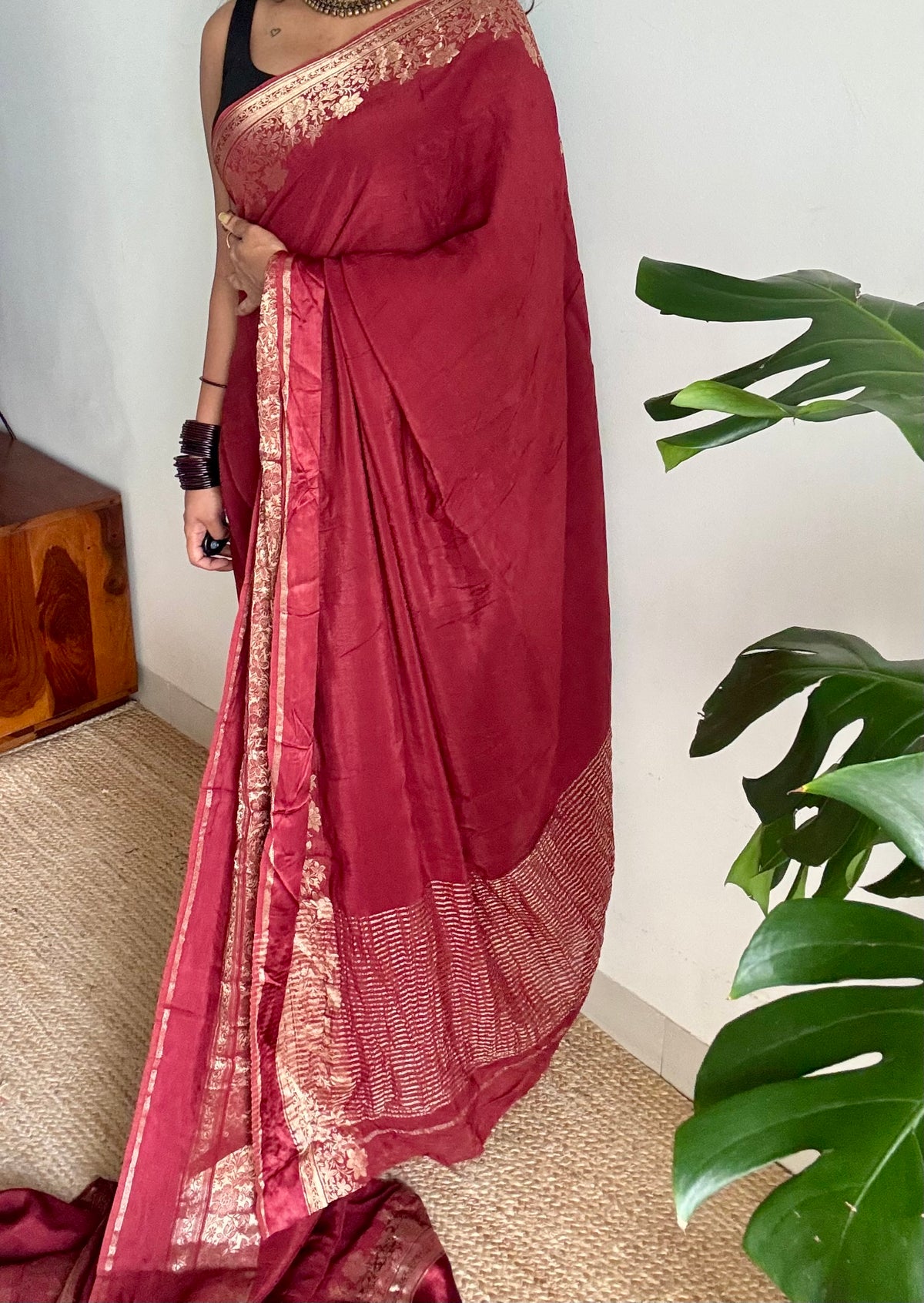 Maroon, semi crepe silk saree with antique gold floral border - YCLOKOC52