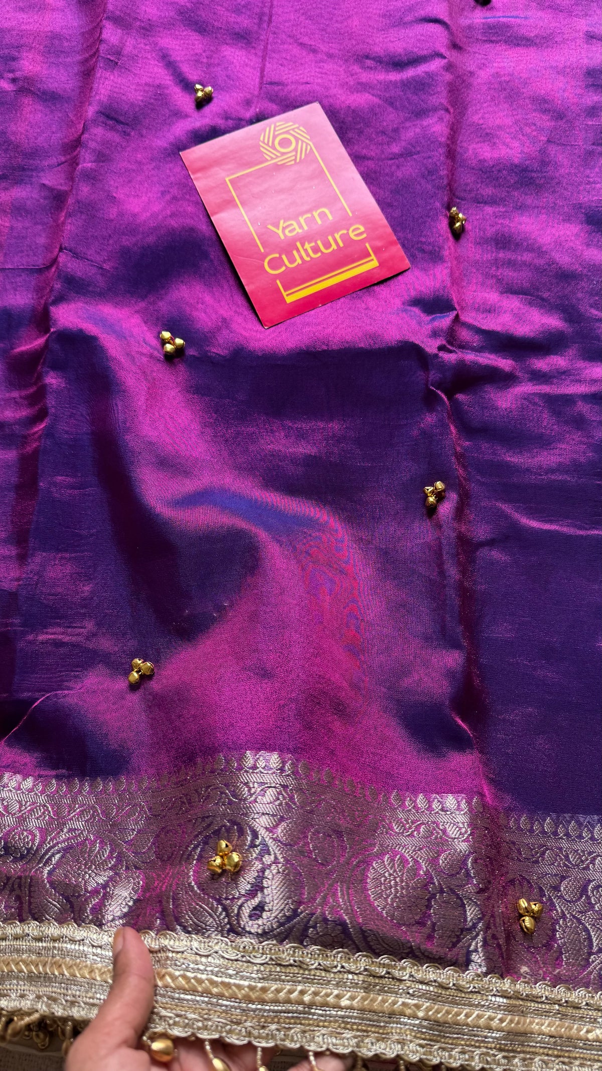 Purple gold tissue Banarasi saree with ghungroo embellishments and beaded lace border - YCBLTOC67