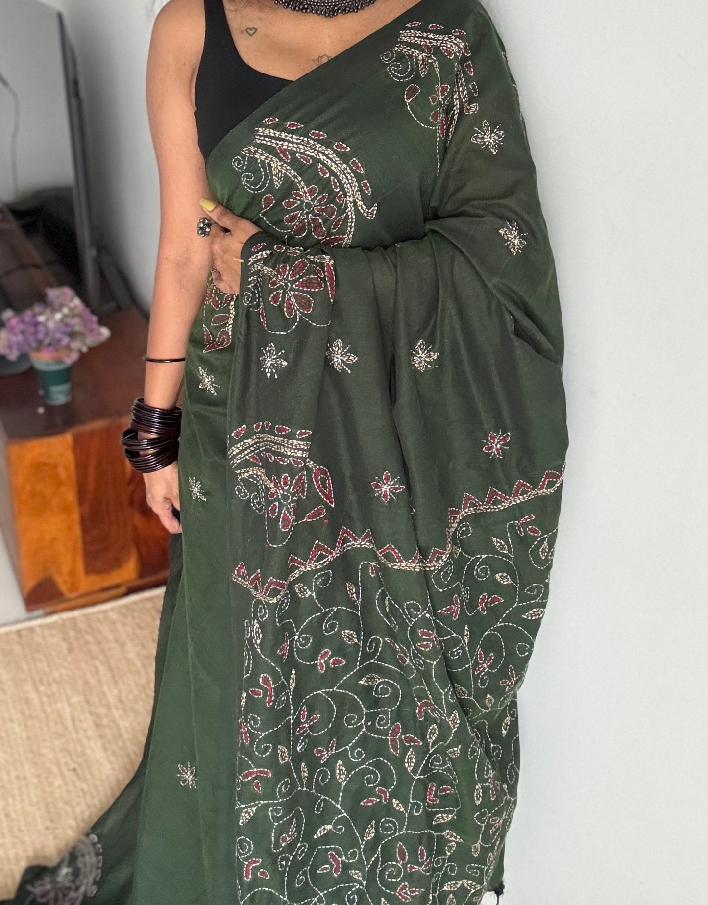 Embroidered green kantha weave in soft cotton - YCBCKKJA145