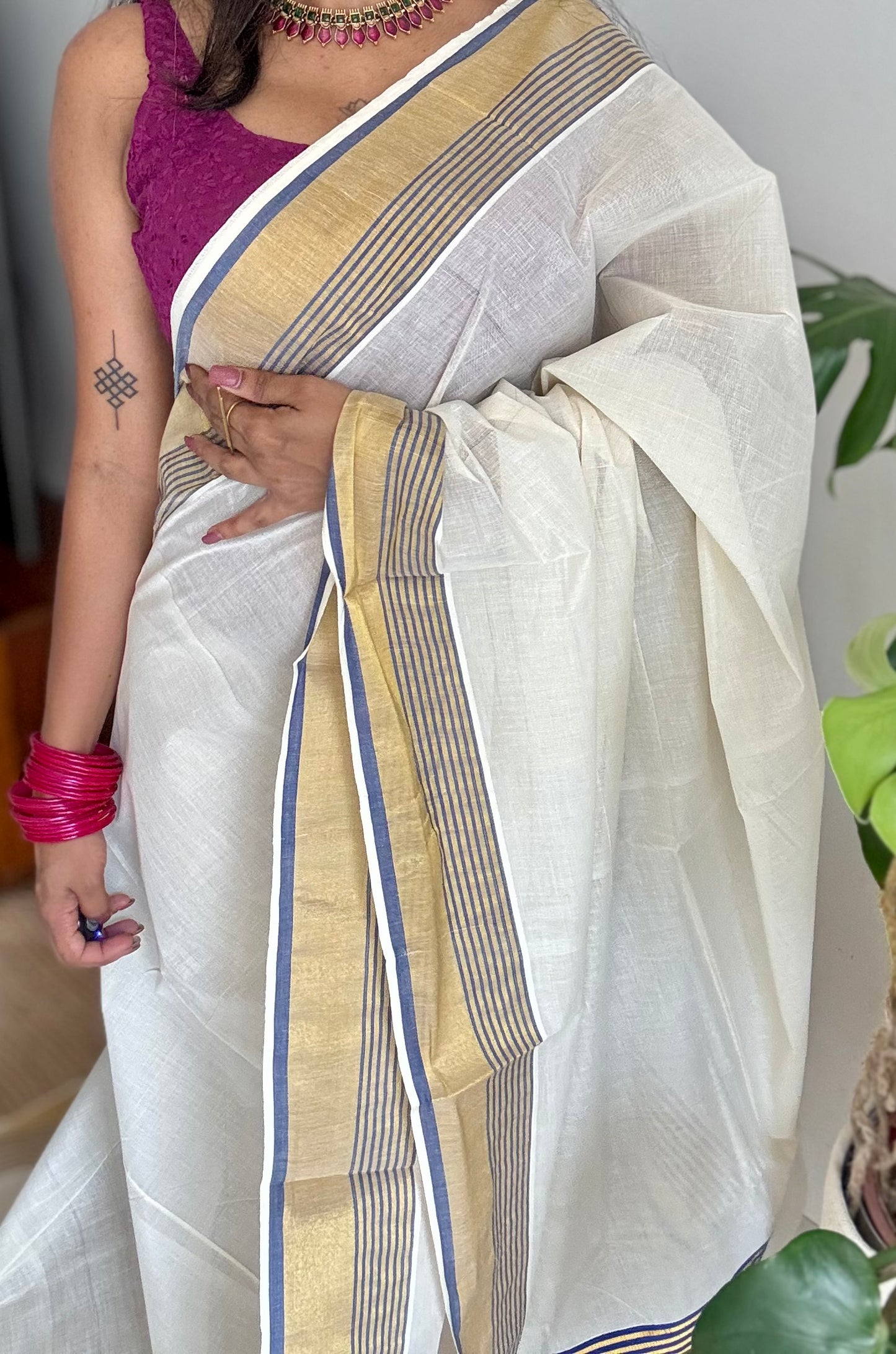 Ivory and gold soft cotton saree, royal blue border - YCIEON77