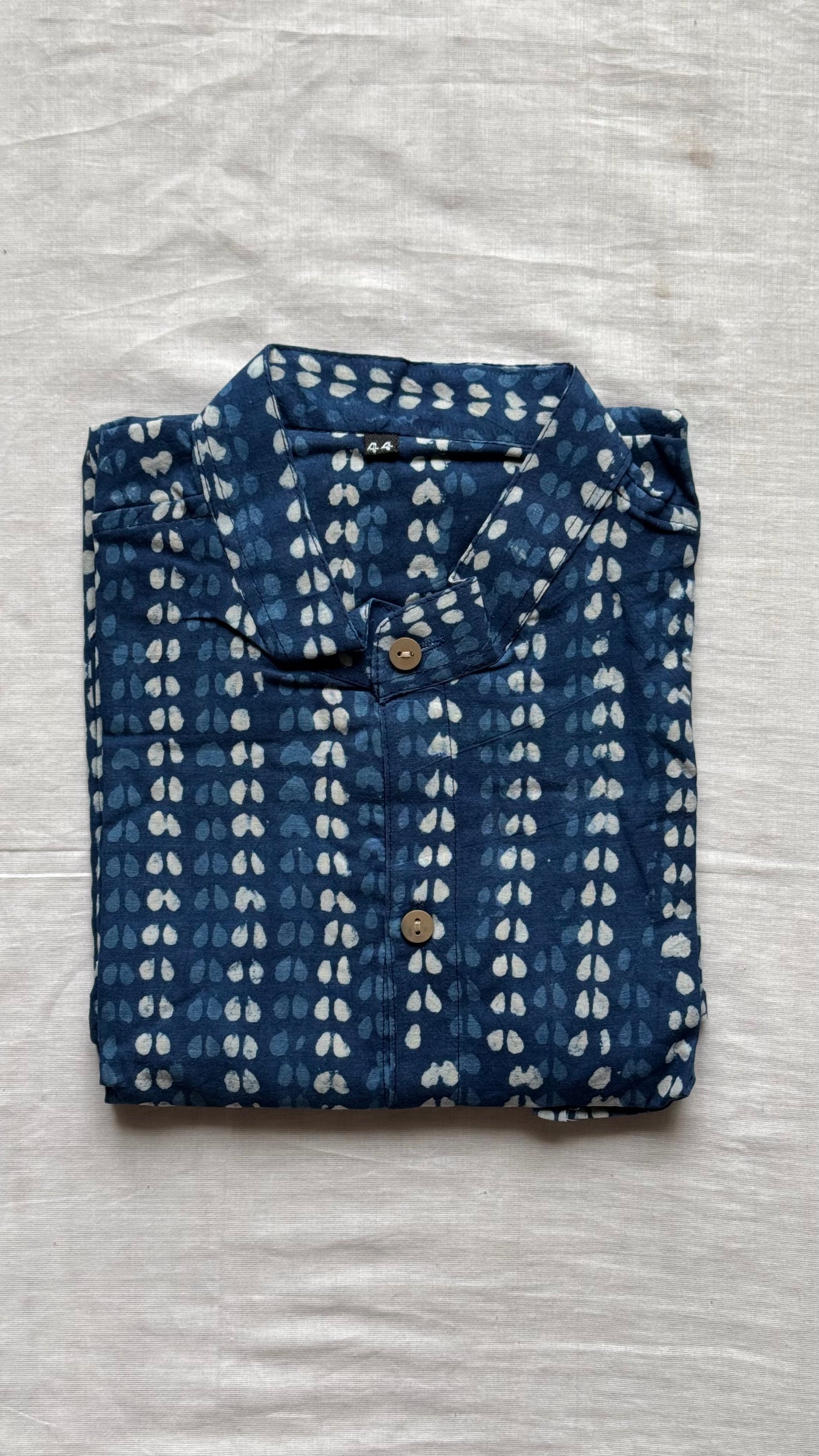 Indigo Striped Motif Block Printed Cotton Men's Mandarin Collar Kurta Shirt - YCMSEIE196
