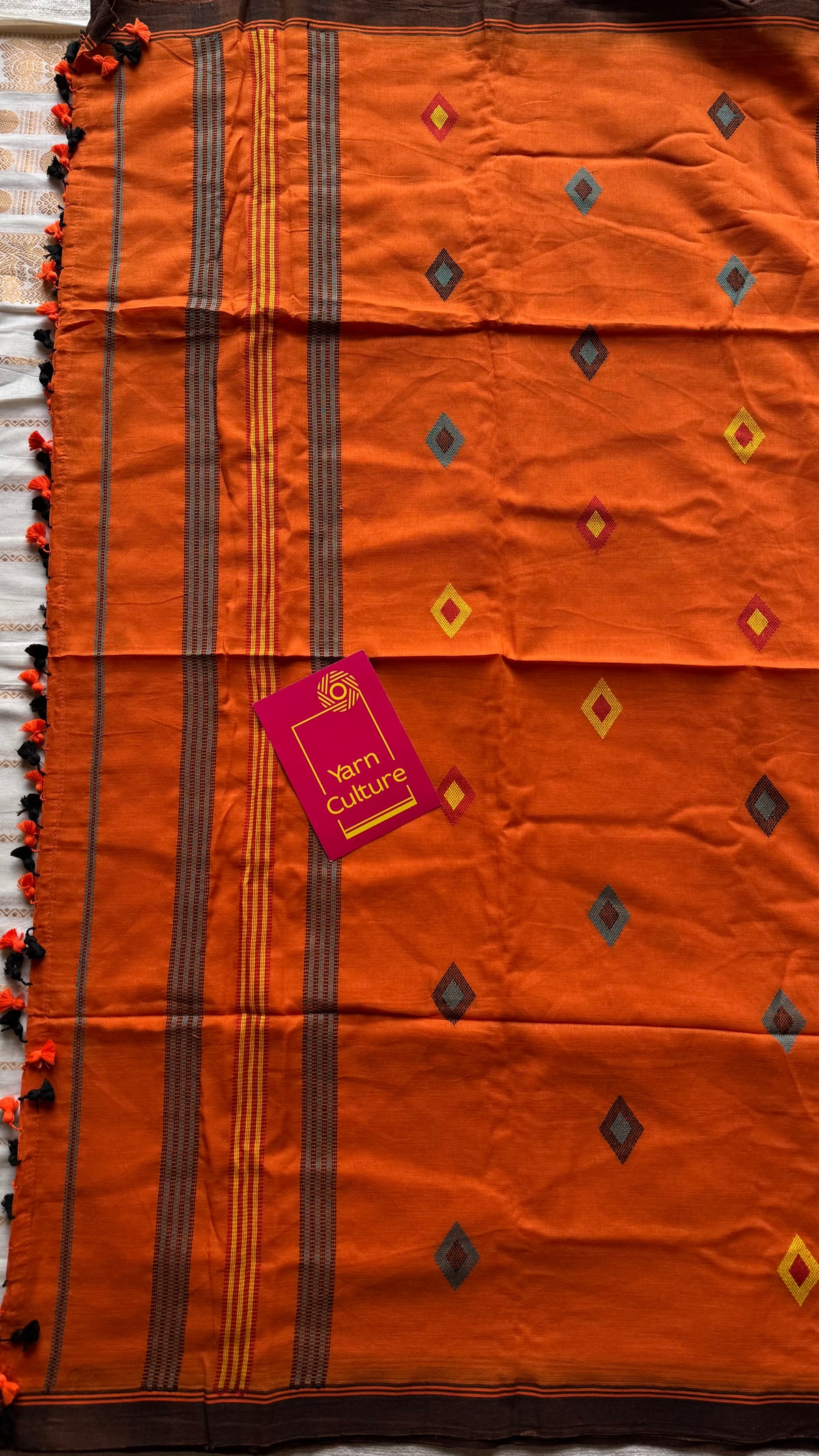 Handloom Bengal soft cotton saree, orange with woven buttas and brown borders - YCBCMCSE36