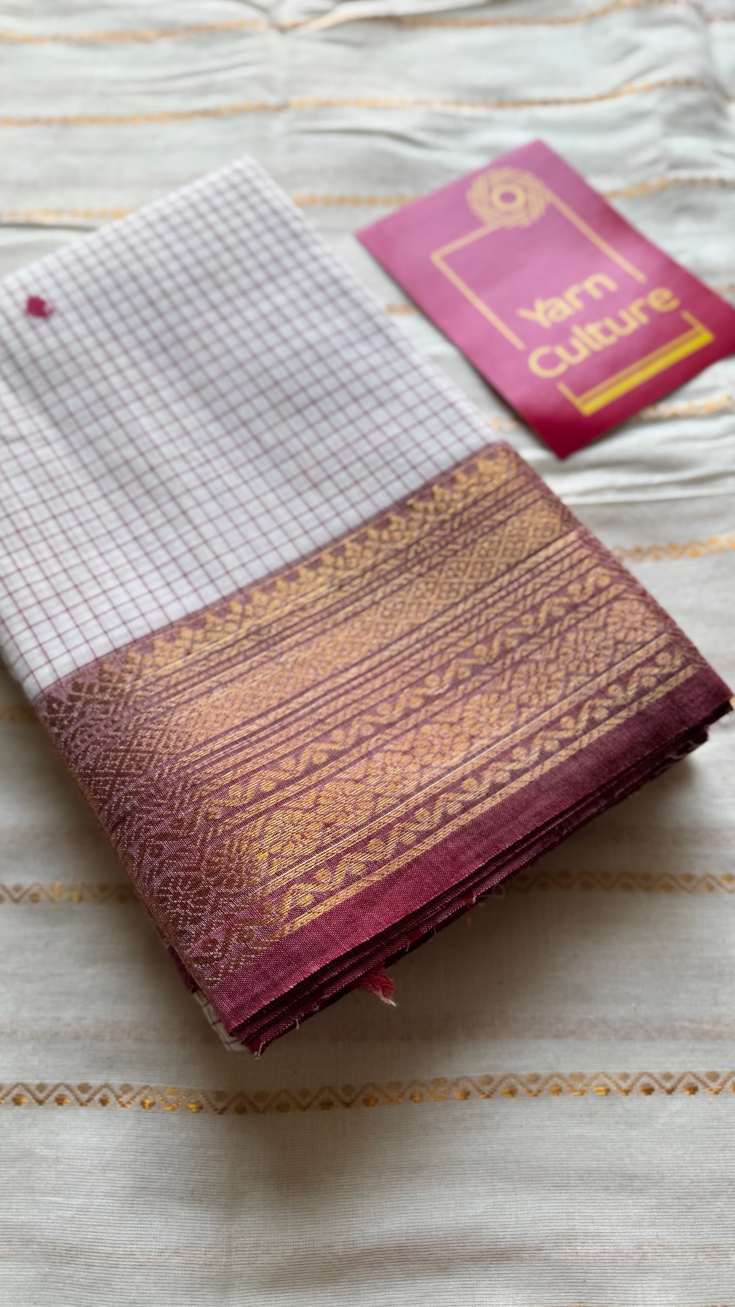 White and burnt red contrast, checkered Chettinad cotton saree - YCCOTNMA264
