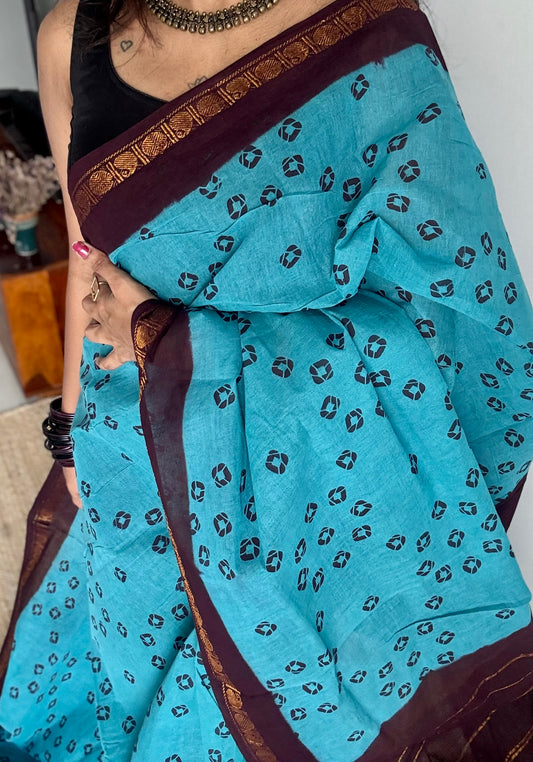 Blue with brown, printed sungudi, madurai cotton - YCCOTNOCSC16