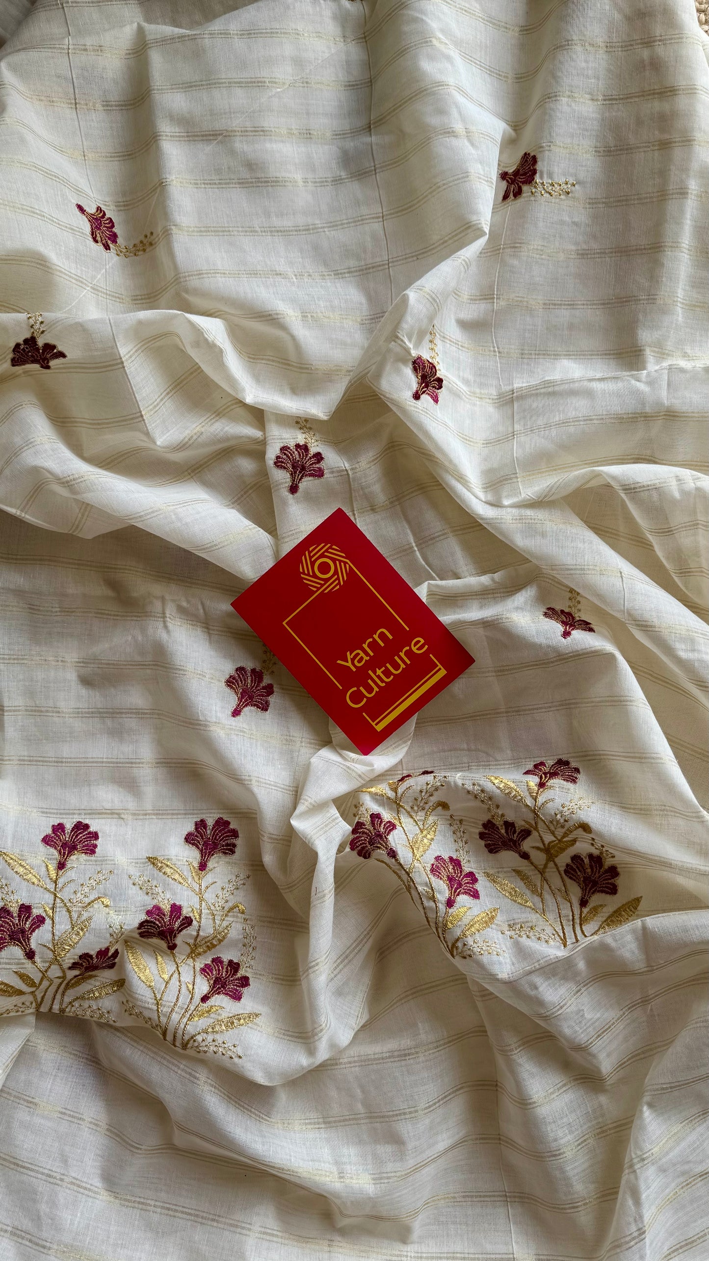 Ivory and gold soft cotton saree, maroon floral embroidery  - YCIEON50