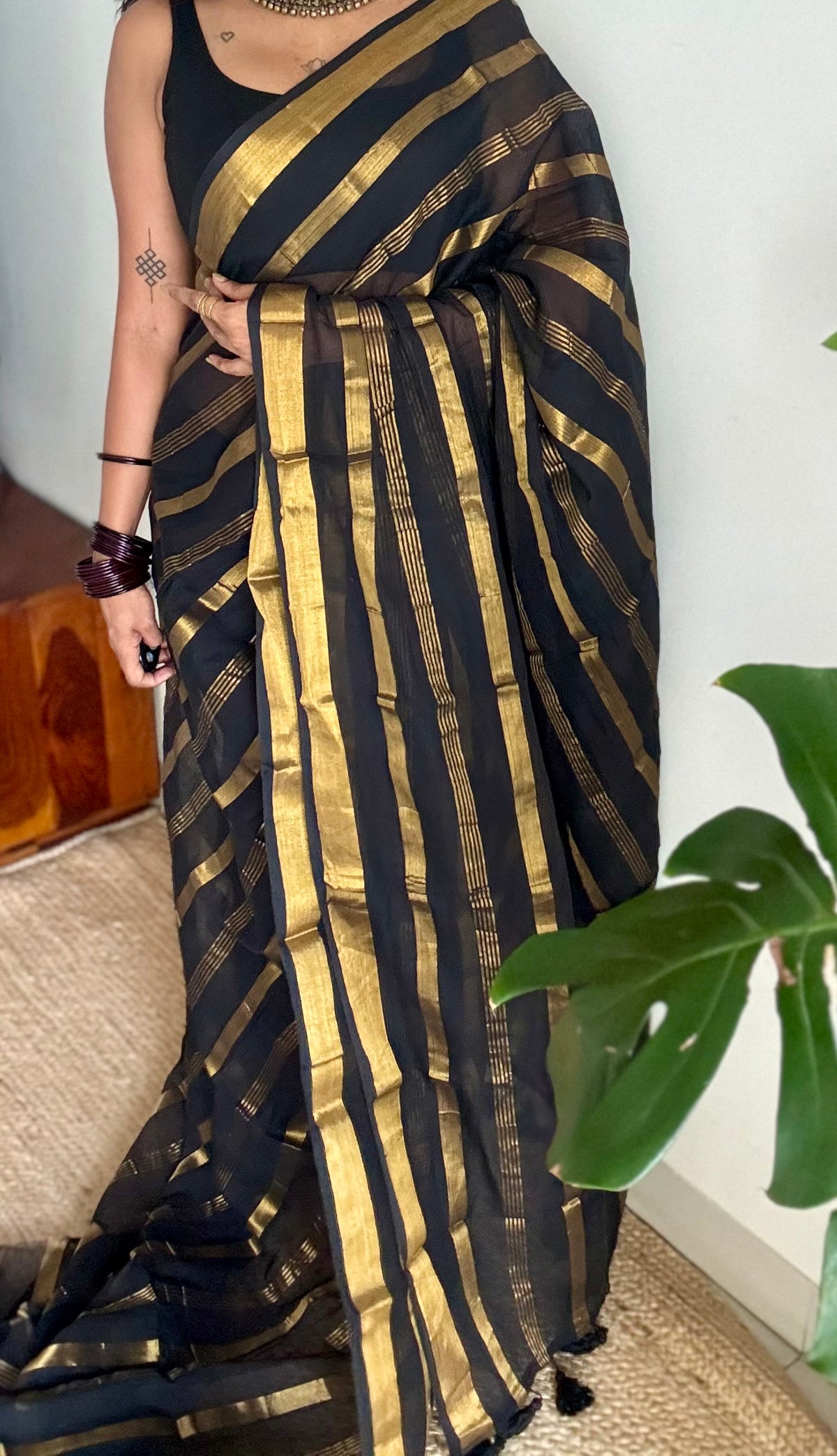 Black mul cotton saree with zari stripes - YCBCMCSE26