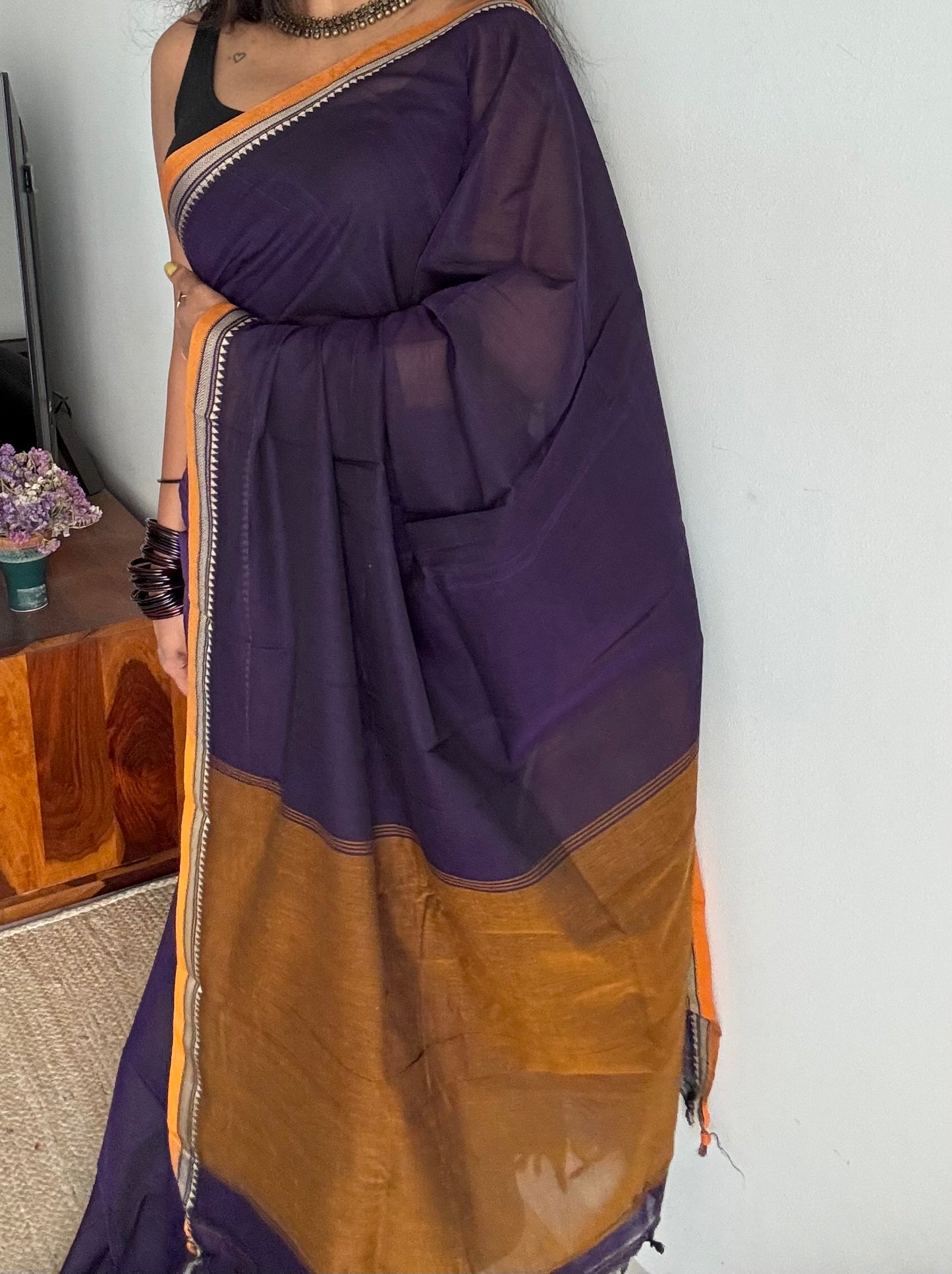 Violet with orange border narayanpet saree, soft cotton - YCWOTDNPFE32