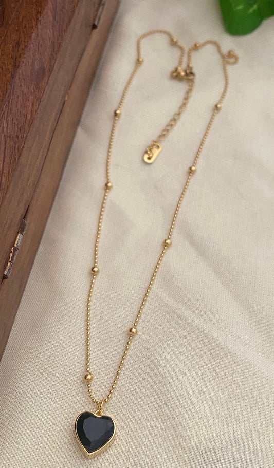 Gold plated chain, black heart pendant - YCGPC248