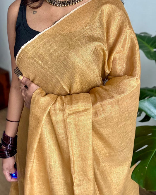 Plain gold, dual tone metallic tissue linen saree - YCBCLTOC60