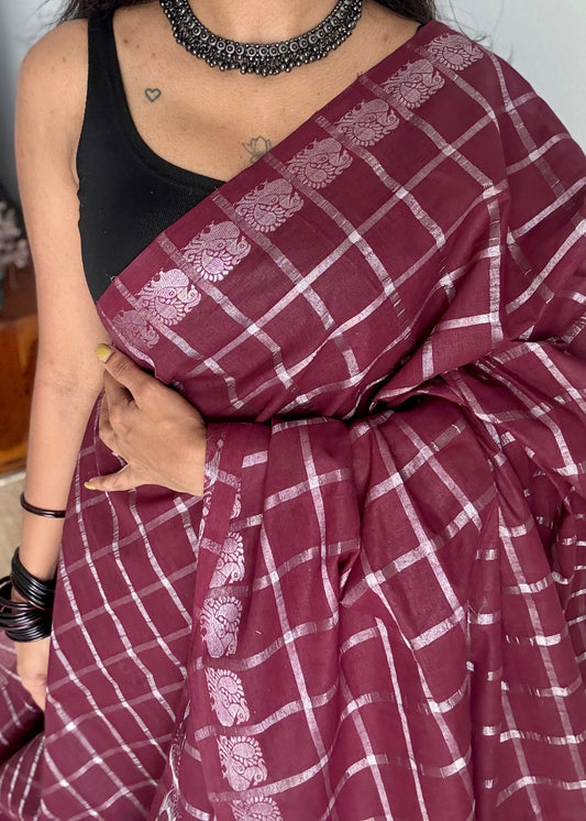 Wine silver pavithra kattam sungudi, madurai cotton - YCCOTNSEMS09