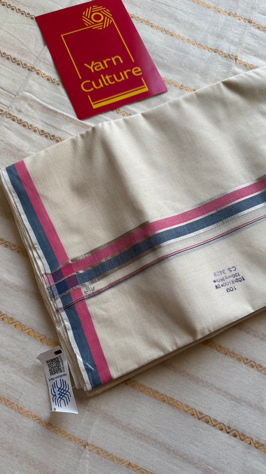 Ivory Chendamangalam Handloom Double Mundu with Pink, Blue & Silver Kasavu Kara | Soft Cotton Men's Dhoti - YCMSEIE171