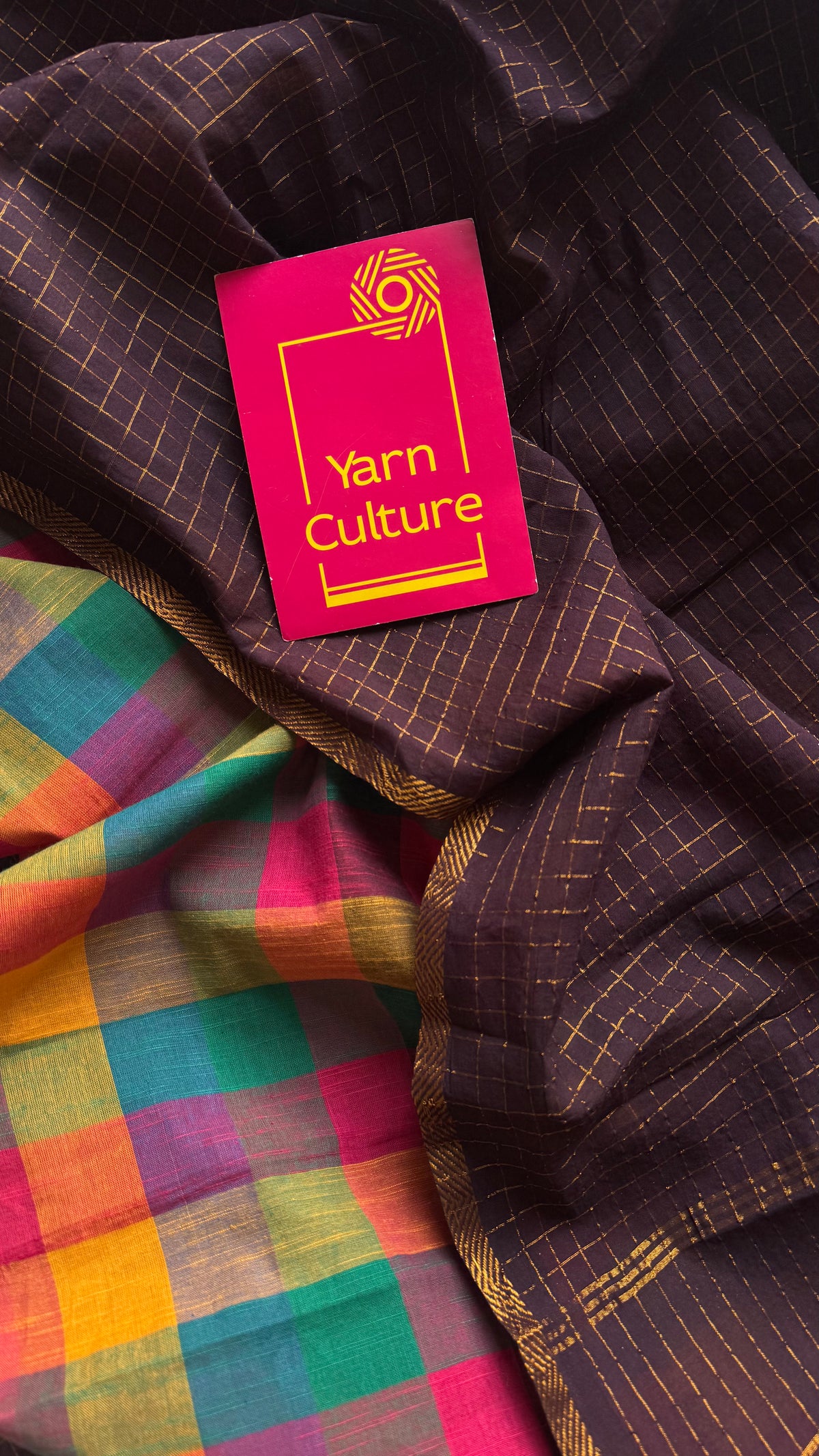 Dark brown mini checks with multicoloured madras checks, cotton half and half saree - YCCOTNIDOC165