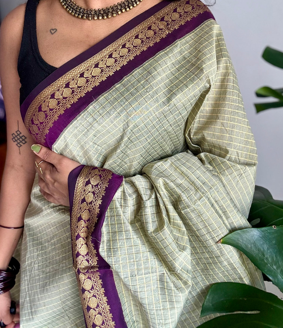 Warm grey with purple, zari checkered saree, cotton silk - YCCOTNKCOC105