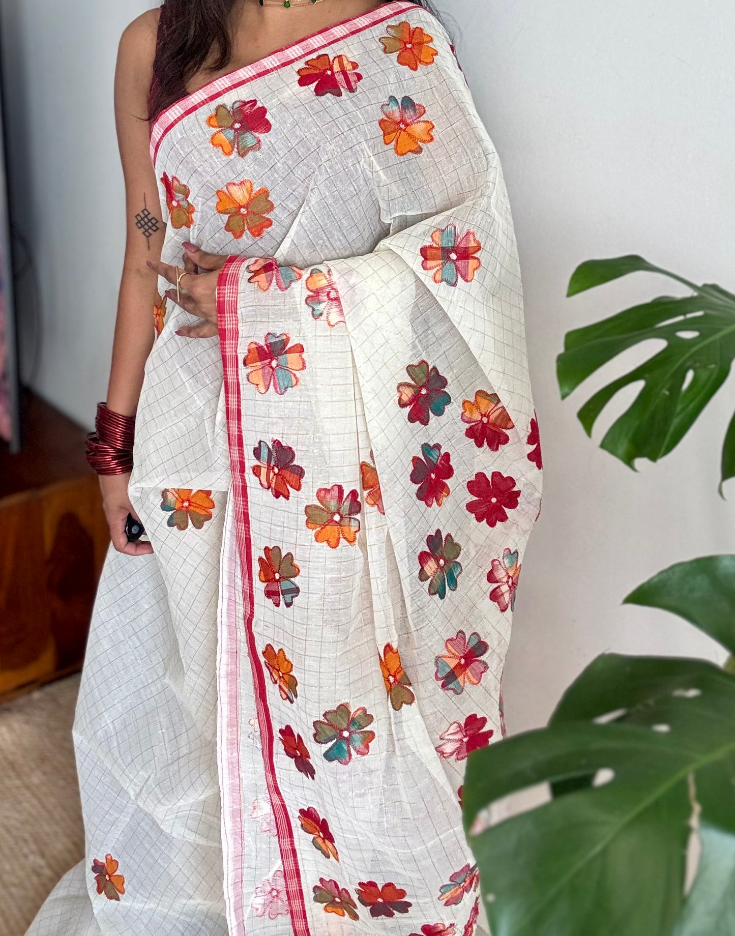 Ivory soft kota saree, with applique floral work - YCIEON88