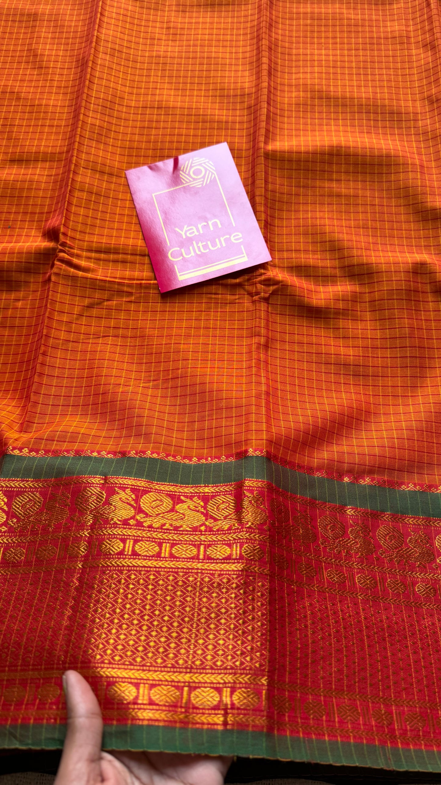 Orange checks with green zari border, premium narayanpet, soft cotton - YCWOTDNPCFE22