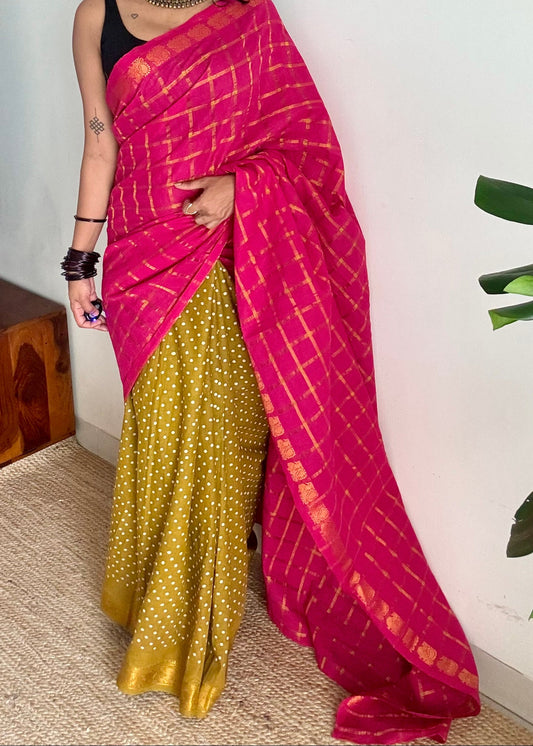Hot pink with mehendi green, sungudi cotton half-half saree - YCCOTNIDOC18