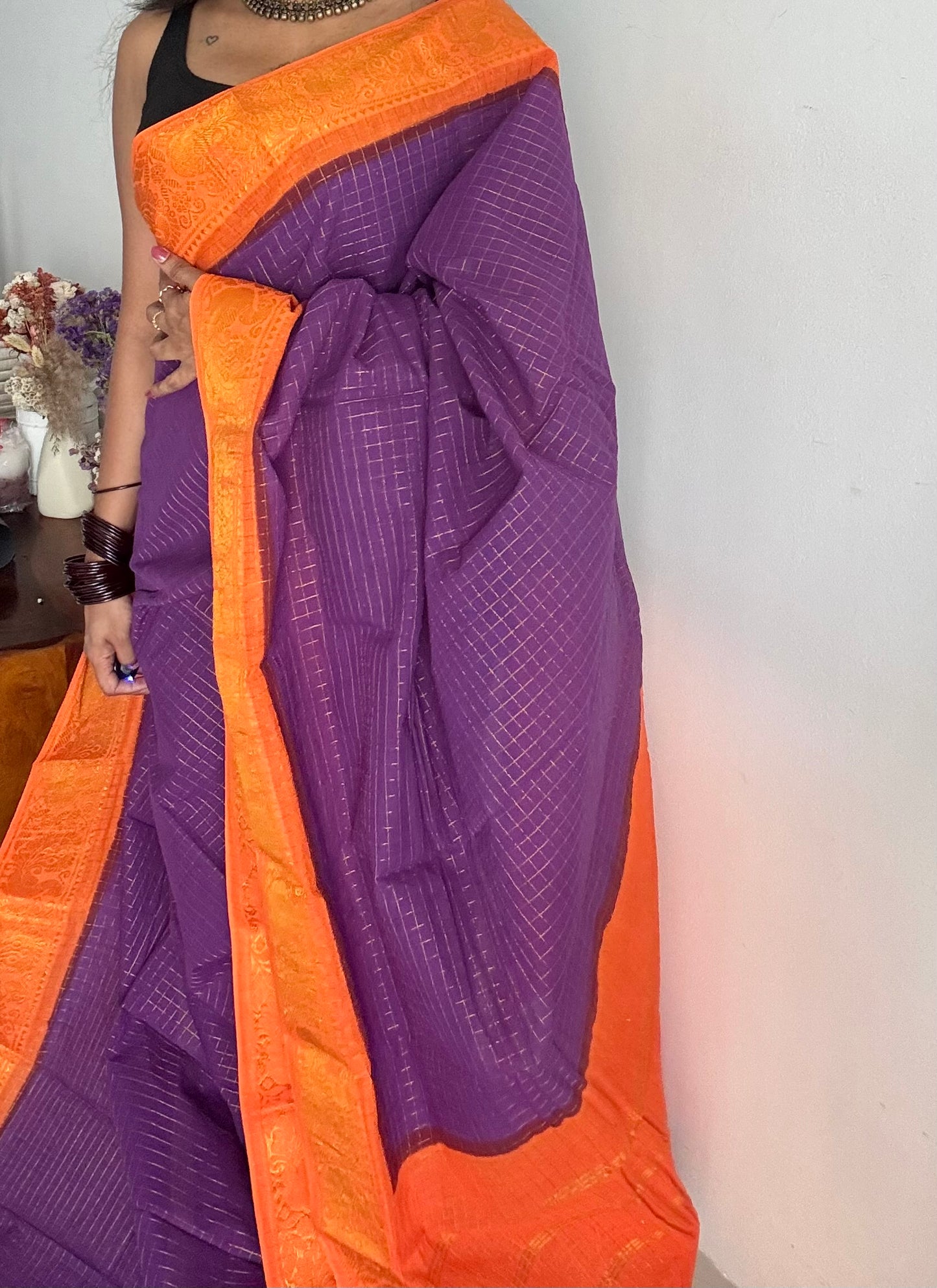 Purple with orange contrast zari checkered sungudi, kattuchayam dyed madurai cotton - YCCOTNMSAP195