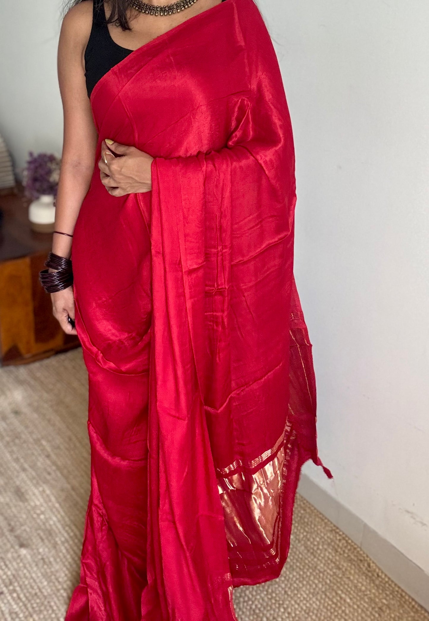 Plain red pure modal silk saree with gold zari pallu - YCTOKBM336