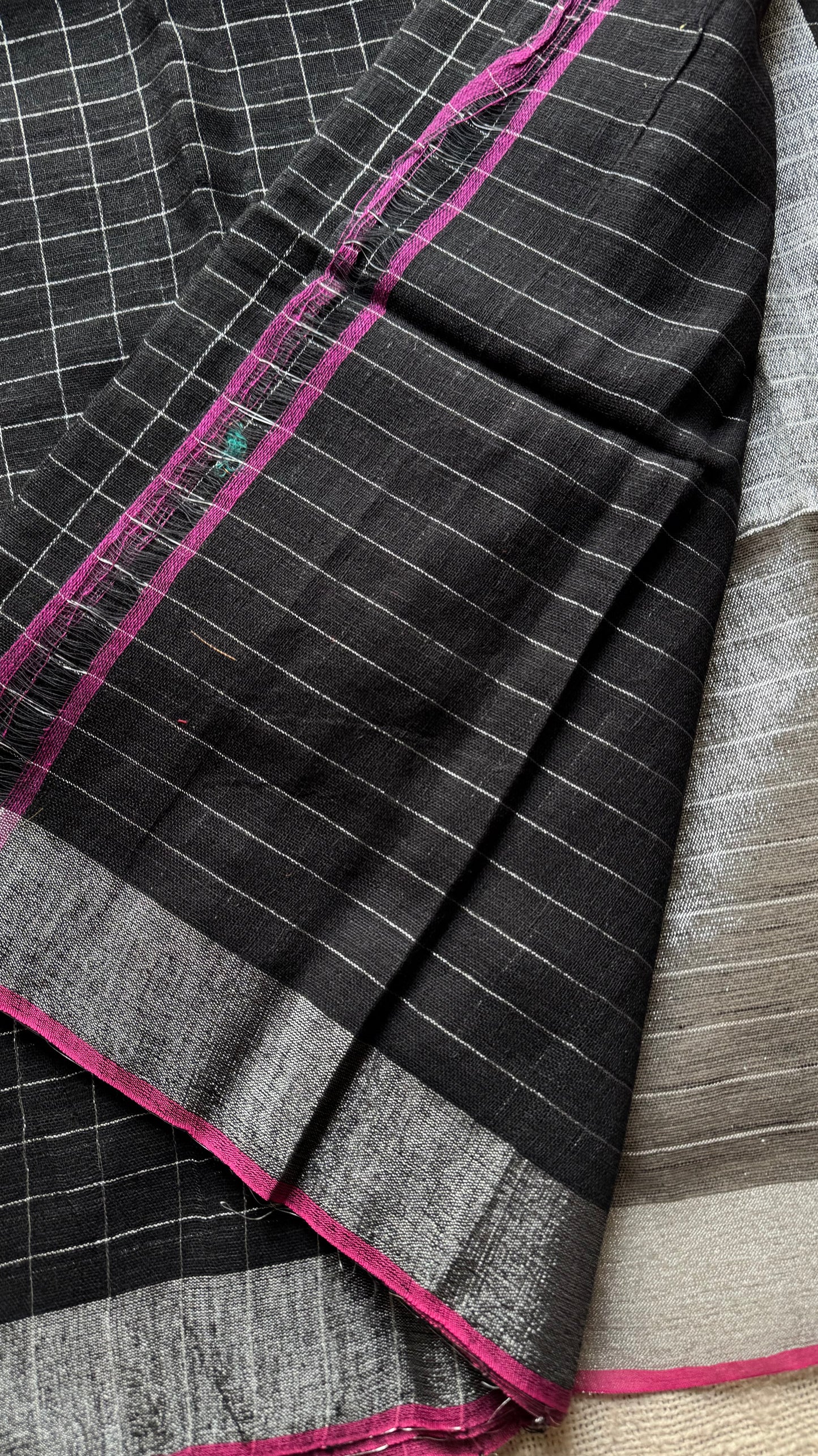 Black linen by cotton saree, silver checks & zari pallu - YCBCLCFE389