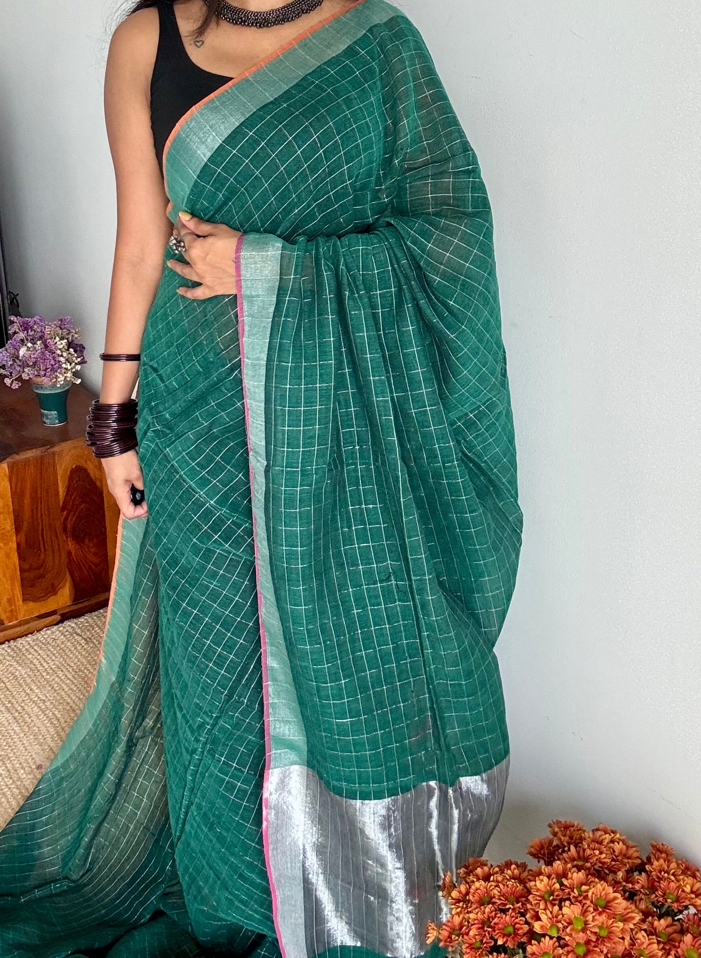 Green linen by cotton saree, silver checks & zari pallu - YCBCLCFE390