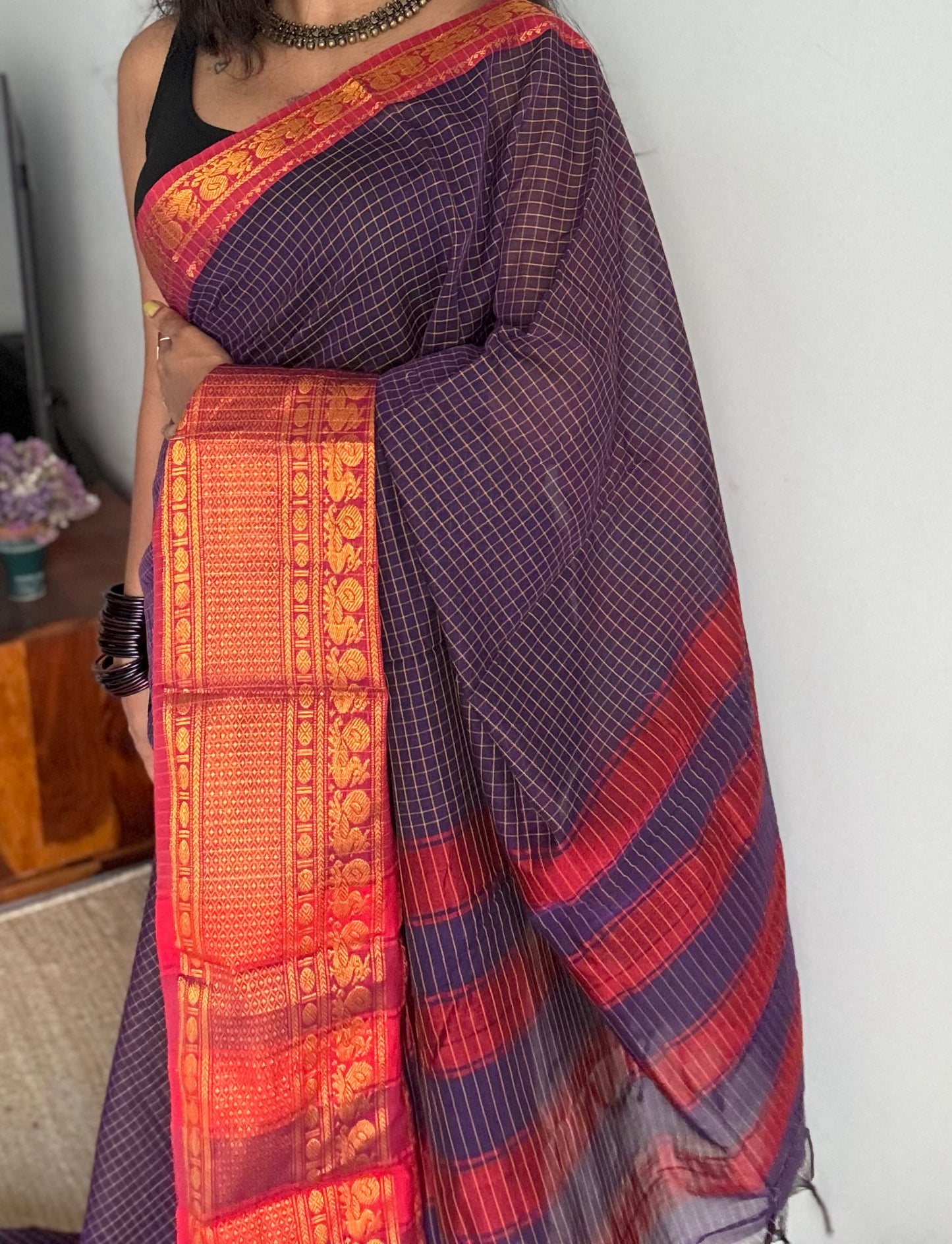 Purple checks with pink zari border, premium narayanpet, soft cotton - YCWOTDNPCFE21