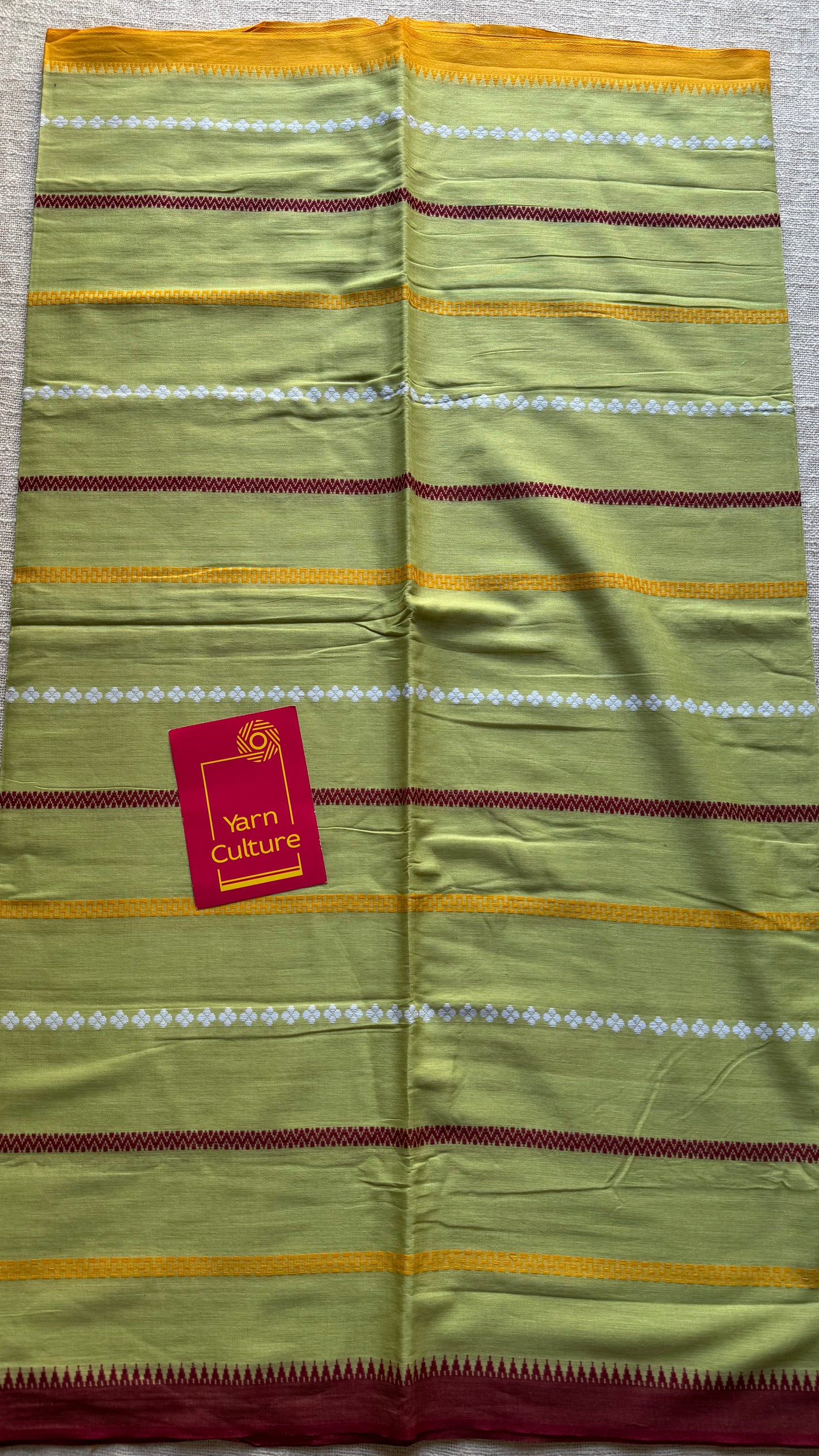 Dhonekhali handloom soft cotton saree, light green with maroon, yellow and white woven stripes - YCBCDFE264