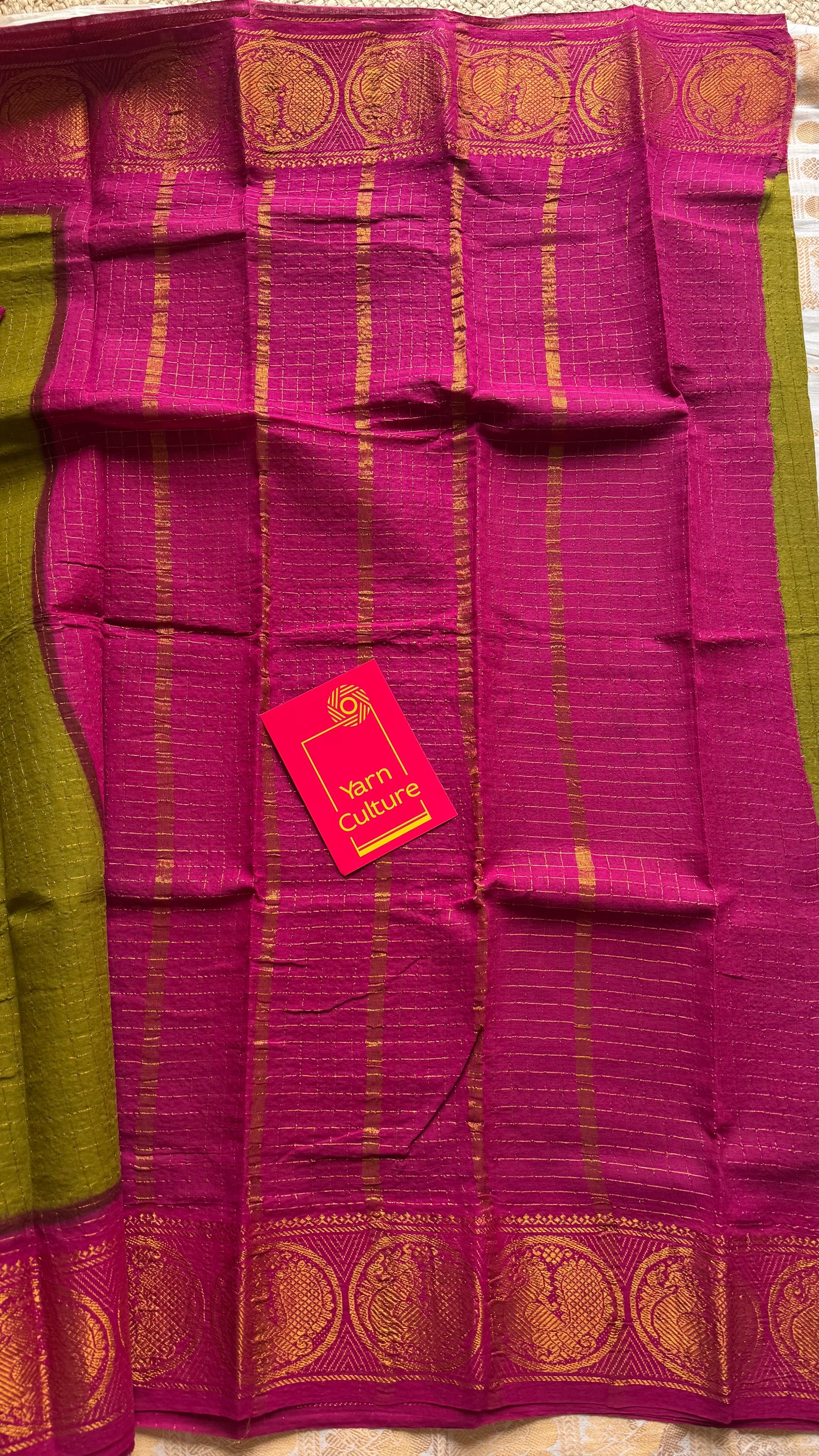 Olive green with magenta contrast zari checkered sungudi, kattuchayam dyed madurai cotton - YCCOTNJU25
