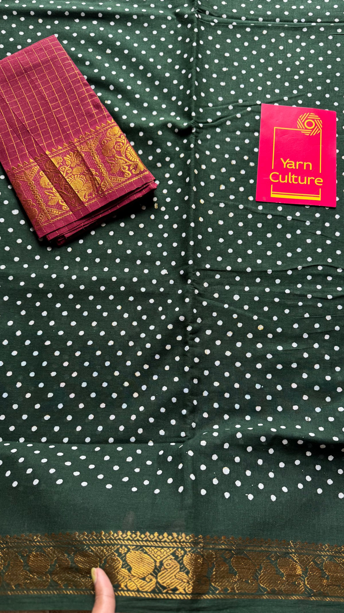 Dark green sungudi dotted, single-side border, kattuchayam dyed madurai cotton saree - YCCOTNMSSE04
