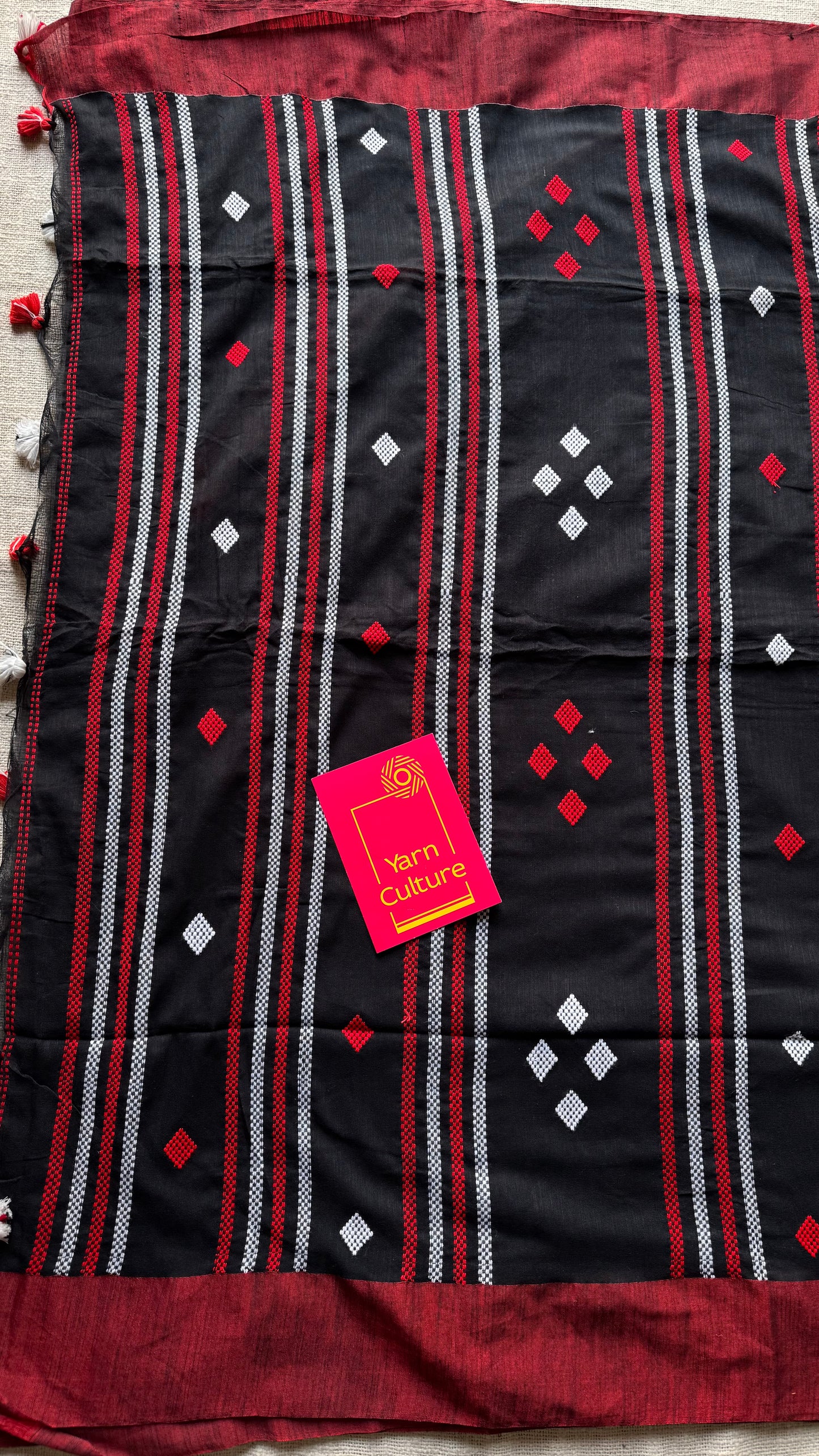 Black with red, soft khadi cotton with woven motifs - YCBCKCDE25