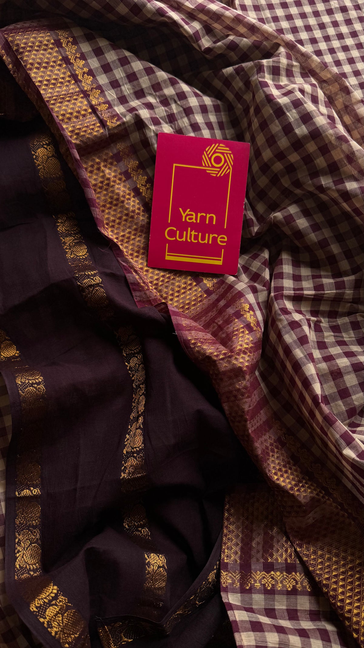 Maroon with cream checks and brown, sungudi and chettinad cotton half-half saree - YCCOTNIDOC32