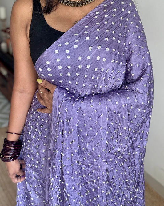 Lavender, crushed bandhej pure modal silk saree with lagdi patta zari pallu - YCTOKBM331