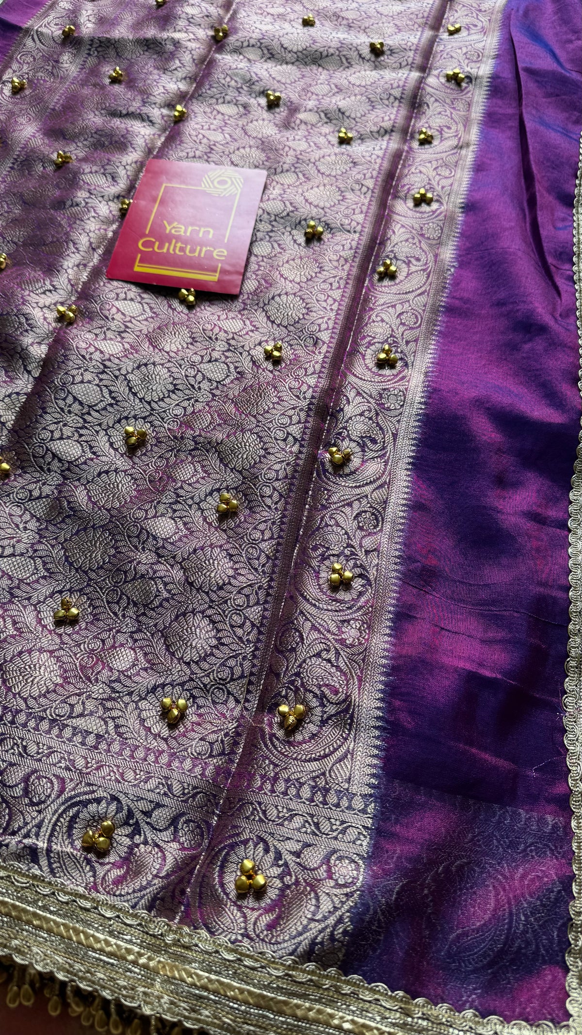 Purple gold tissue Banarasi saree with ghungroo embellishments and beaded lace border - YCBLTOC67