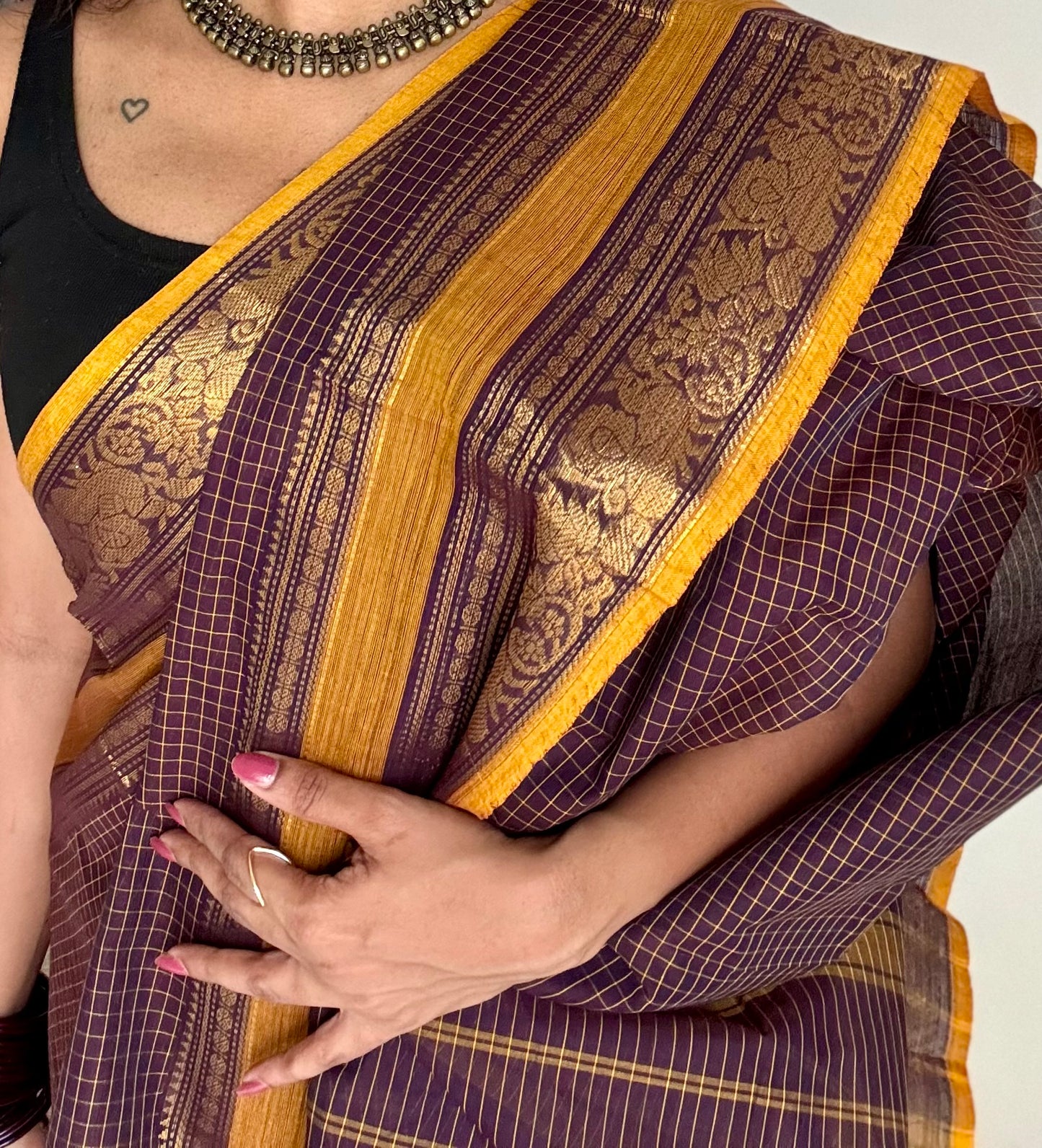 Kanchi cotton saree, dark brown checks with korvai border - YCCOTNAP73