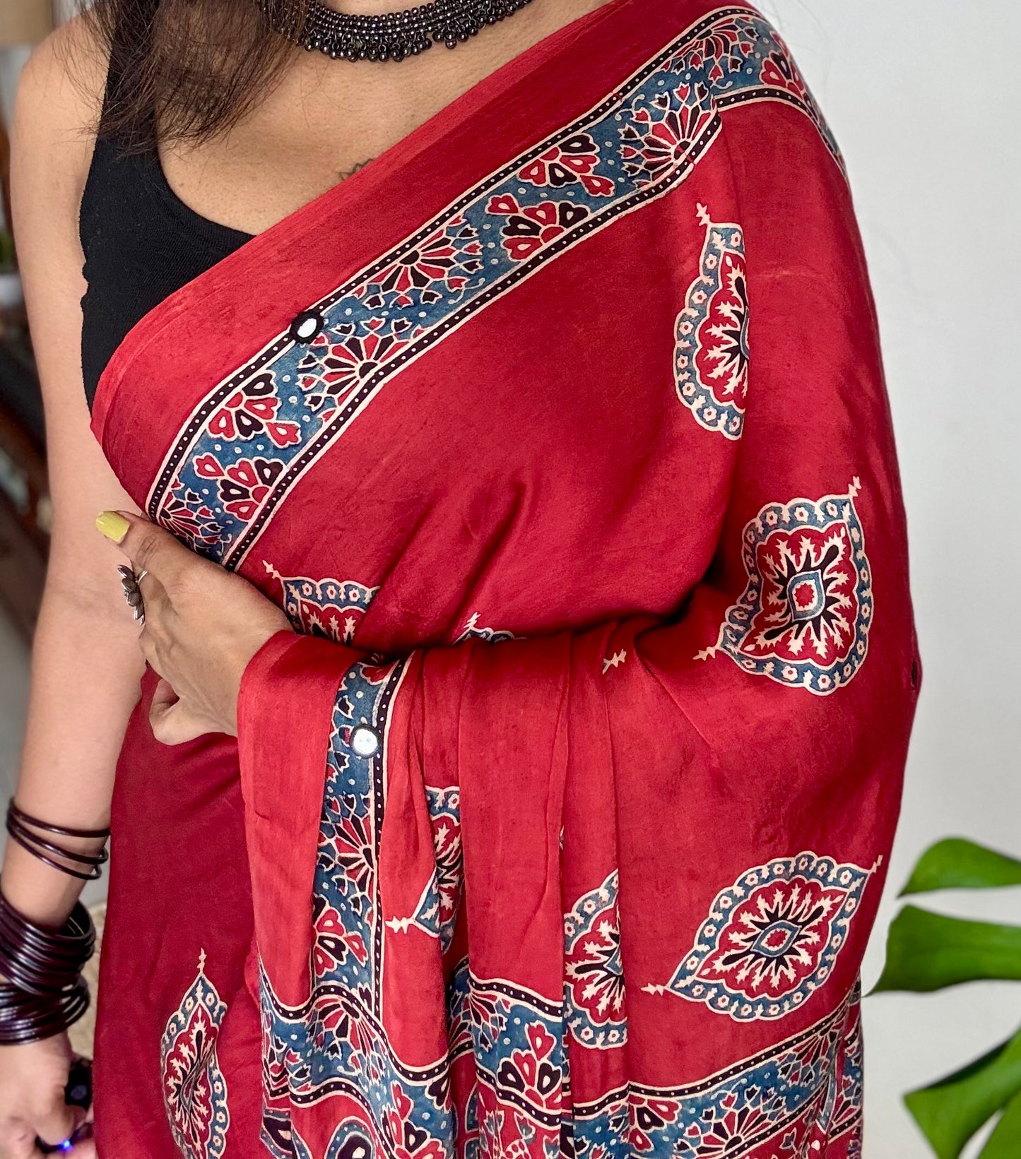 Red pure modal silk saree with ajrakh handblock print and mirror work - YCTOKAJM338