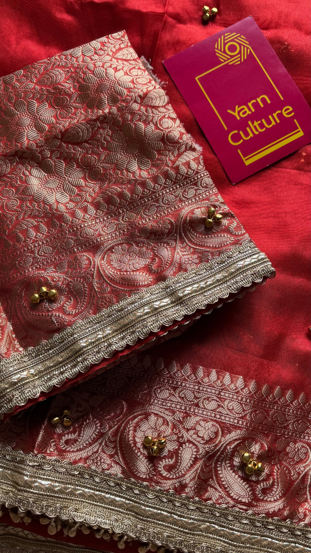 Red gold tissue Banarasi saree with ghungroo embellishments and beaded lace zari border - YCBLTOC69
