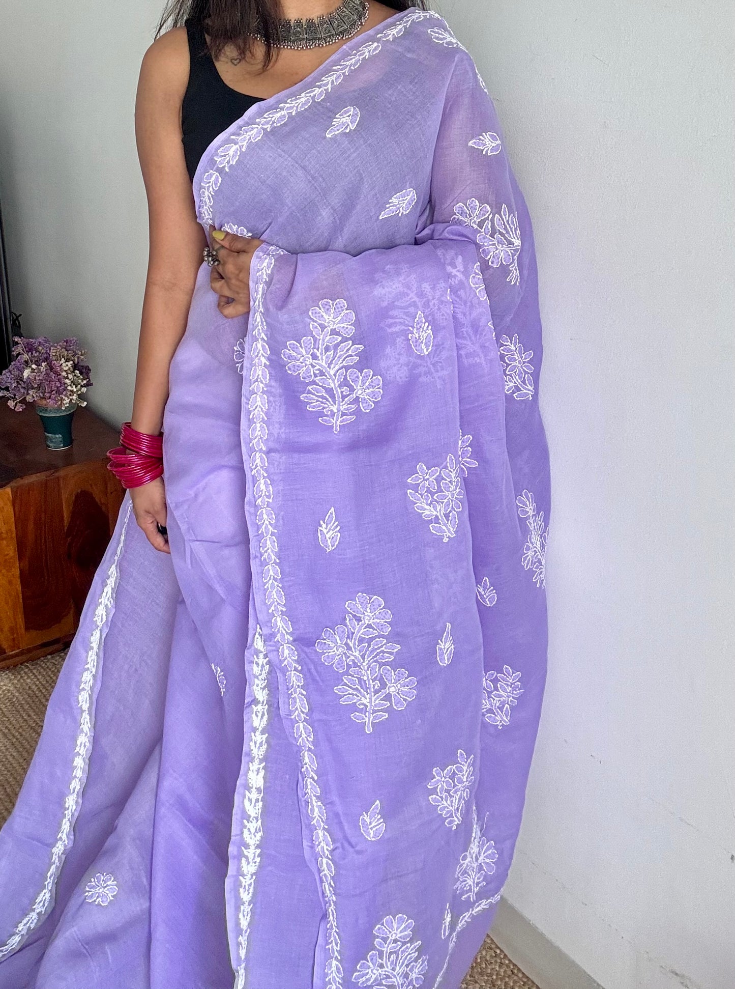 Inaya - lilac hand-embroidered chikankari cotton saree - YCLCKFE419
