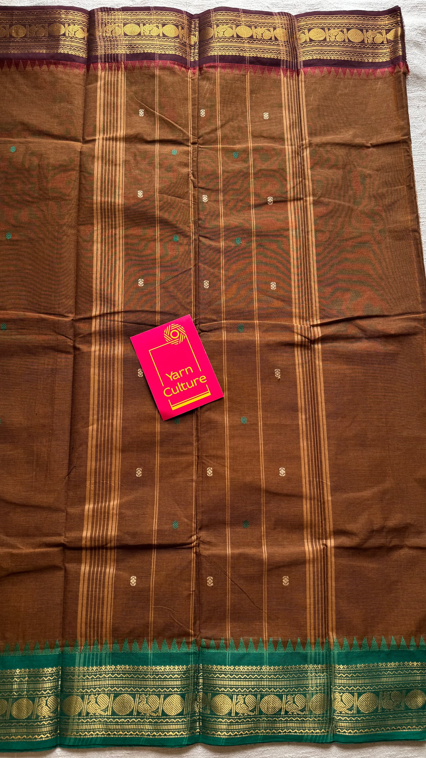 Kanchi cotton saree, brown with dark brown and green dual border - YCCOTNAP94
