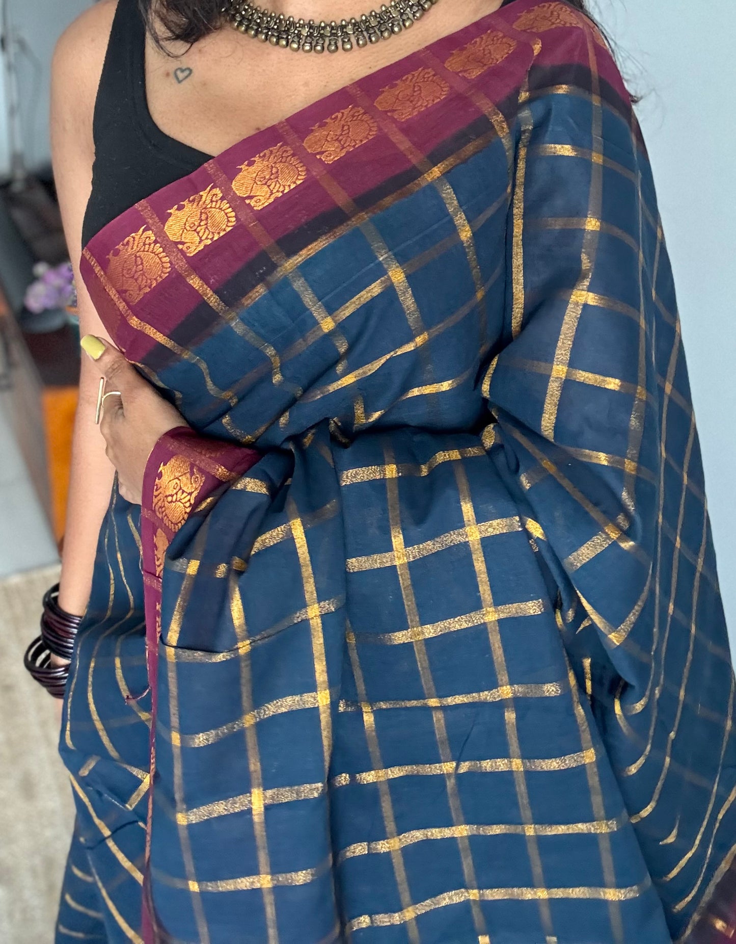 Teal blue with maroon pavithra kattam sungudi, madurai cotton - YCCOTNSUDE78