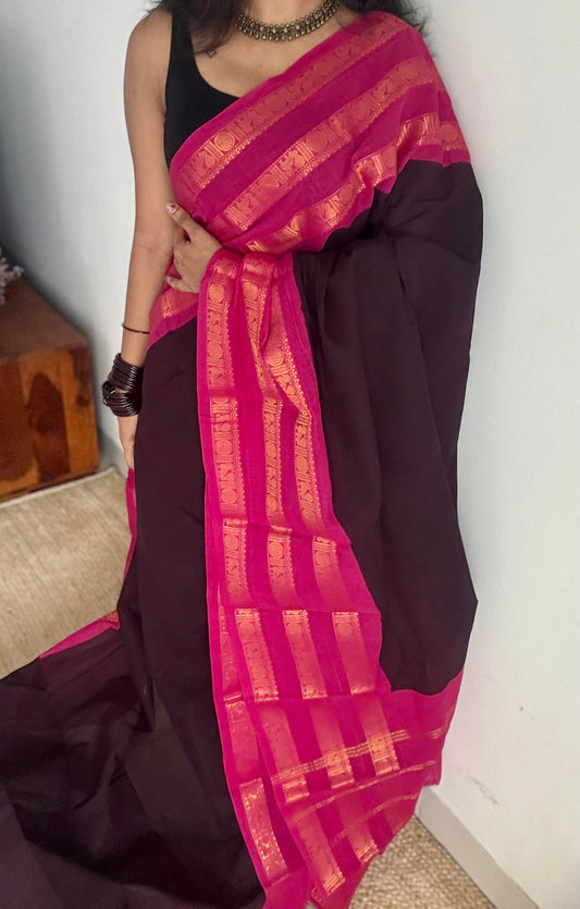 Wine with hot pink border, peacock and rudraksham motif, madurai soft cotton - YCCOTNJUSC03