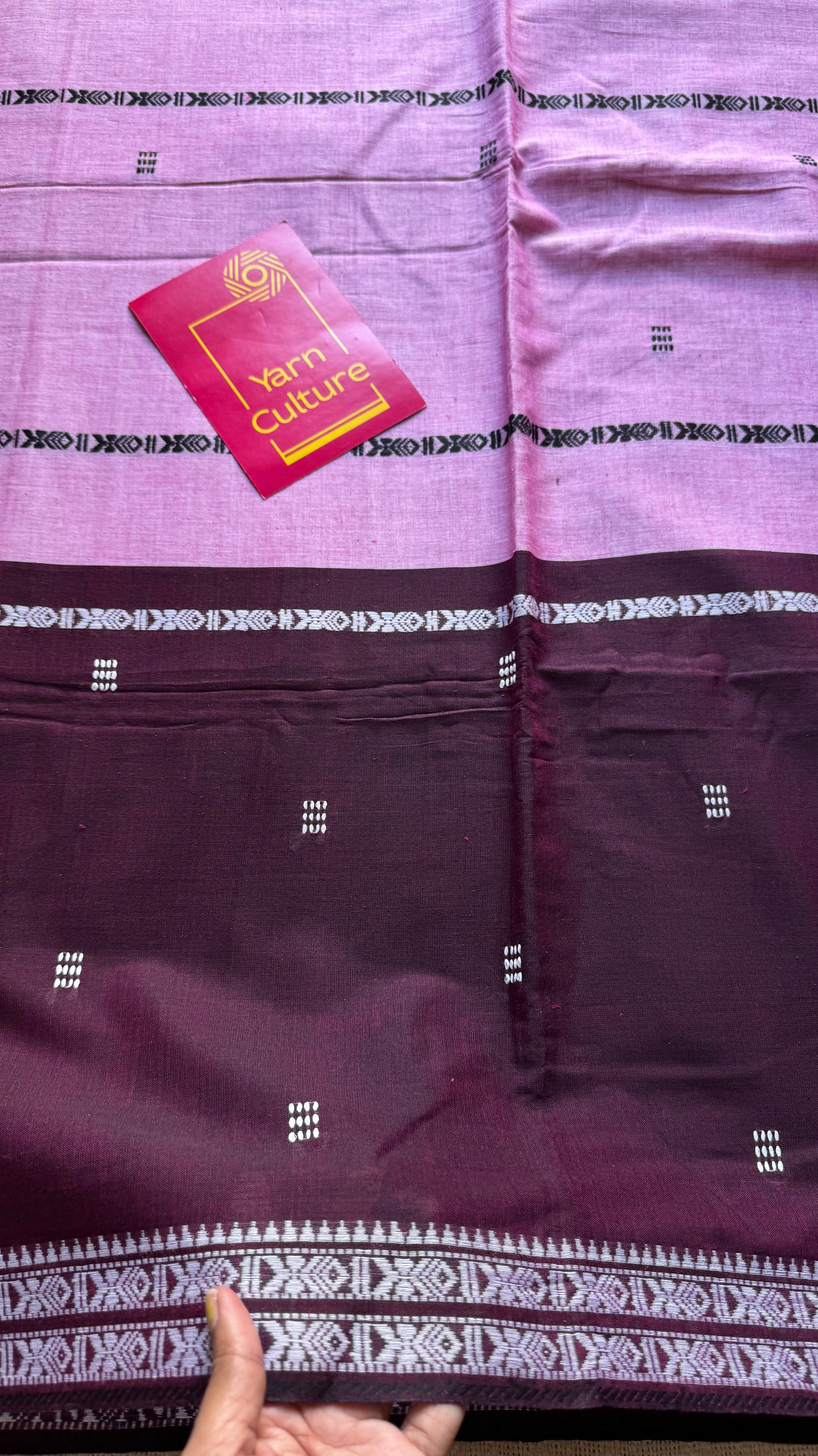 Dhonekhali handloom soft cotton saree, pink with dark maroon and woven buttas - YCBCDFE251