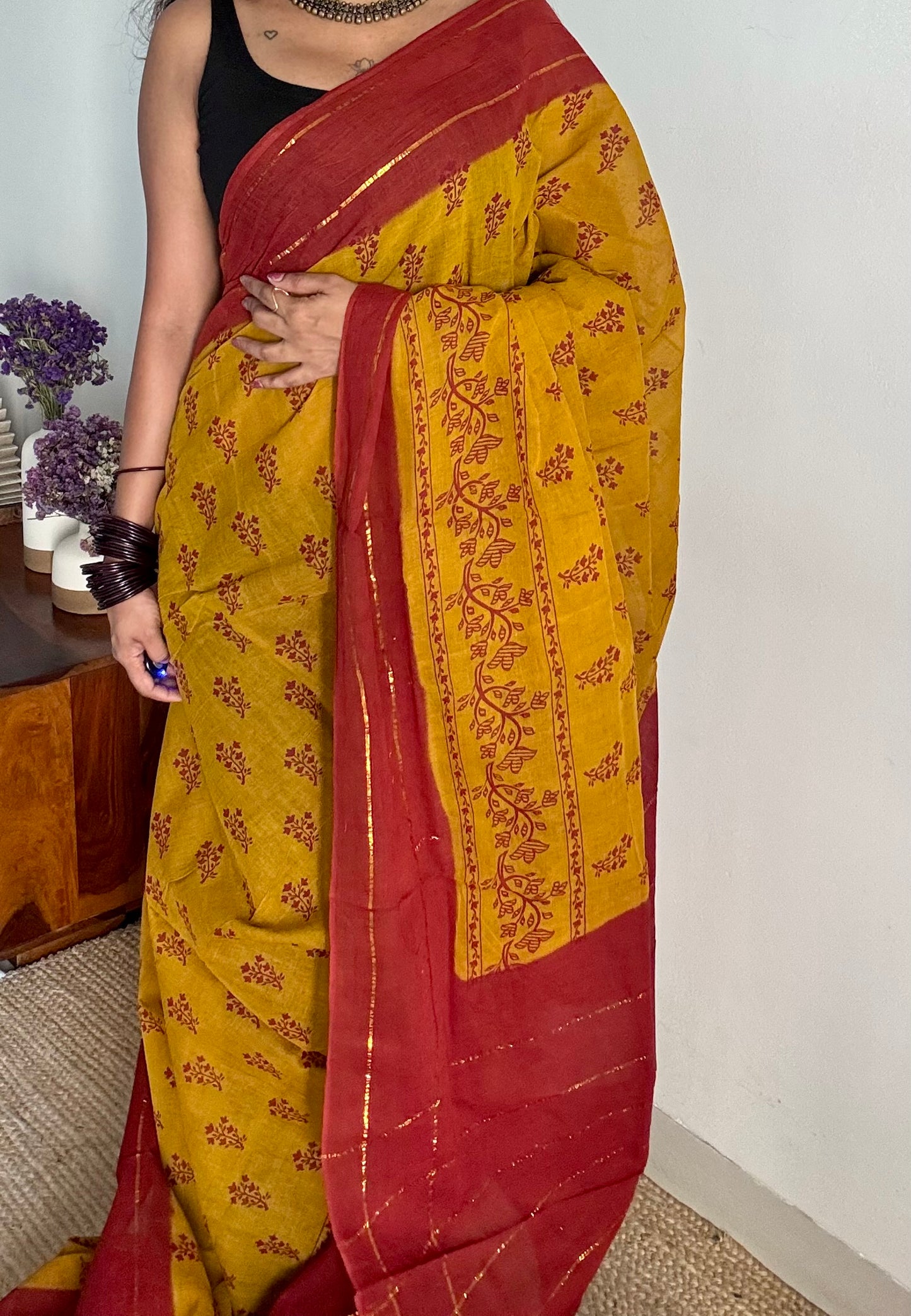 Mustard yellow with burnt red contrast, kattuchayam dyed madurai cotton saree - YCCOTNMA247