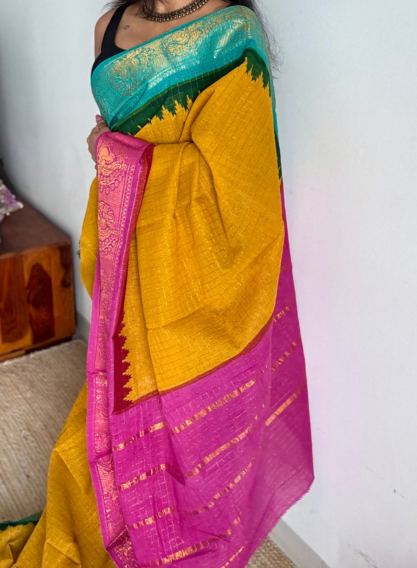 Sungudi cotton checks, mustard yellow base, turquoise and magenta dual tone border, soft cotton - YCCOTNGJJA179